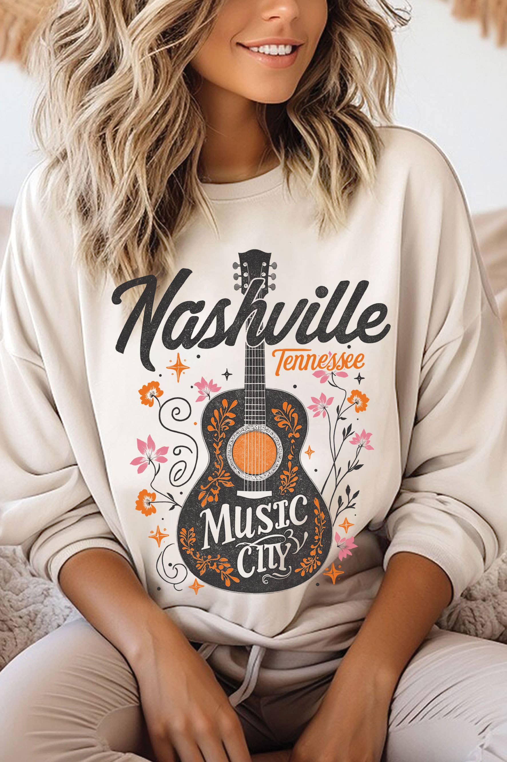 Nashville Music City Floral Guitar Graphic Brush Sweatshirt T-Shirts, Hoodie | PodTeesHub.com