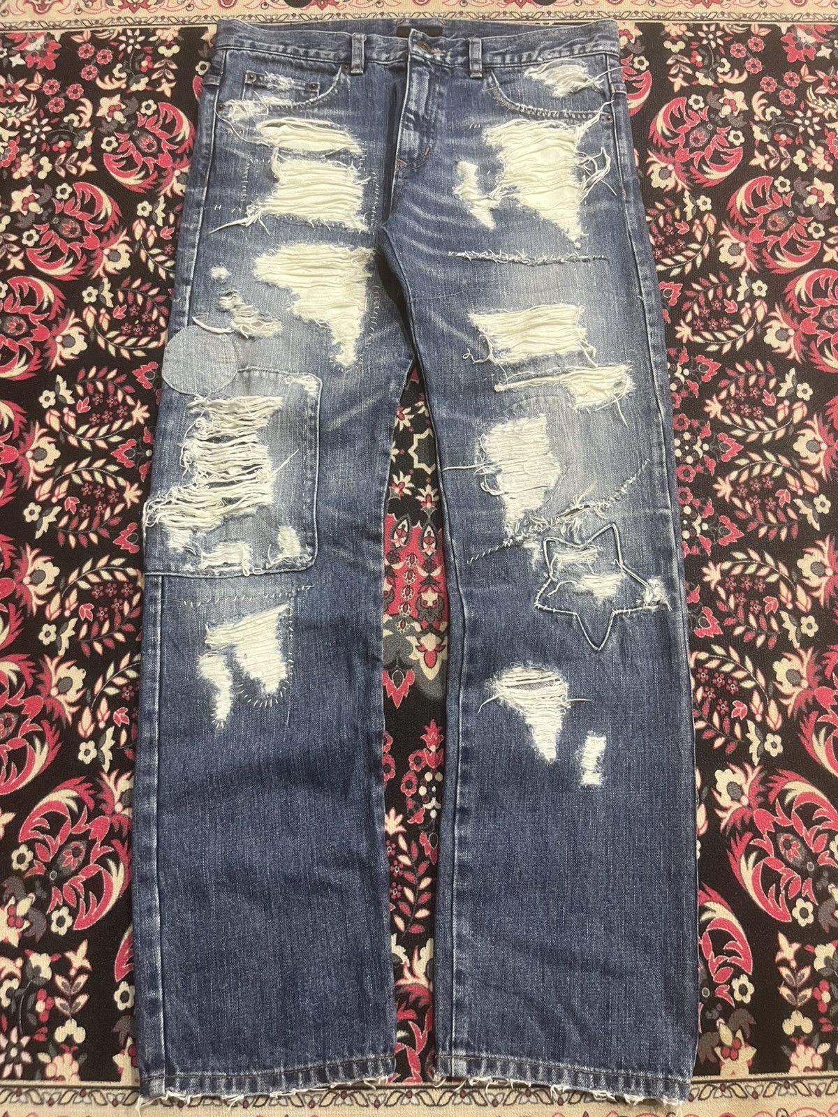 Undercover Crazy Candy Stripper Destroyed Star Patches Blue Washed Jean T-Shirts, Hoodie, Sweatshirt