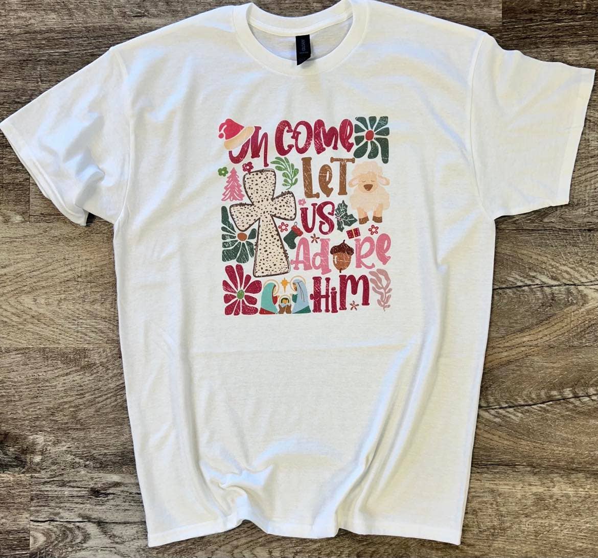 Oh Come Let Us Adore Him Colorful with Cross On White Tee Hoodie, Sweatshirt | PodTeesHub.com