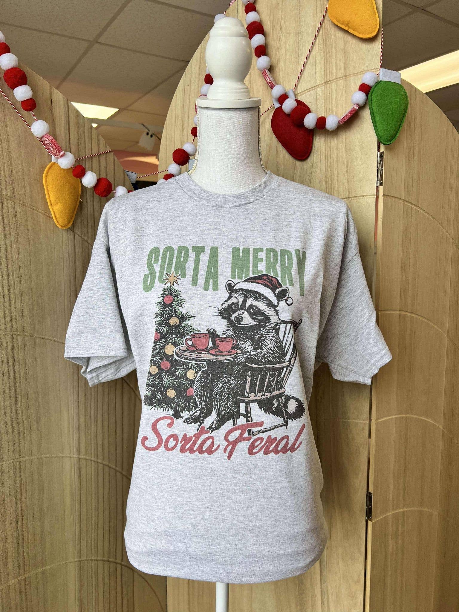 Sorta Merry Sorta Feral Raccoon On Ash Gray Tee Hoodie, Sweatshirt | PodTeesHub.com