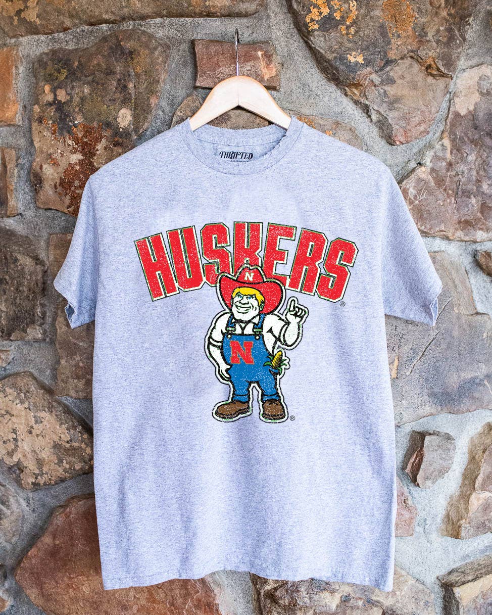 Nebraska Huskers Cartoon Mascot Gray Thrifted Tee Hoodie, Sweatshirt | PodTeesHub.com