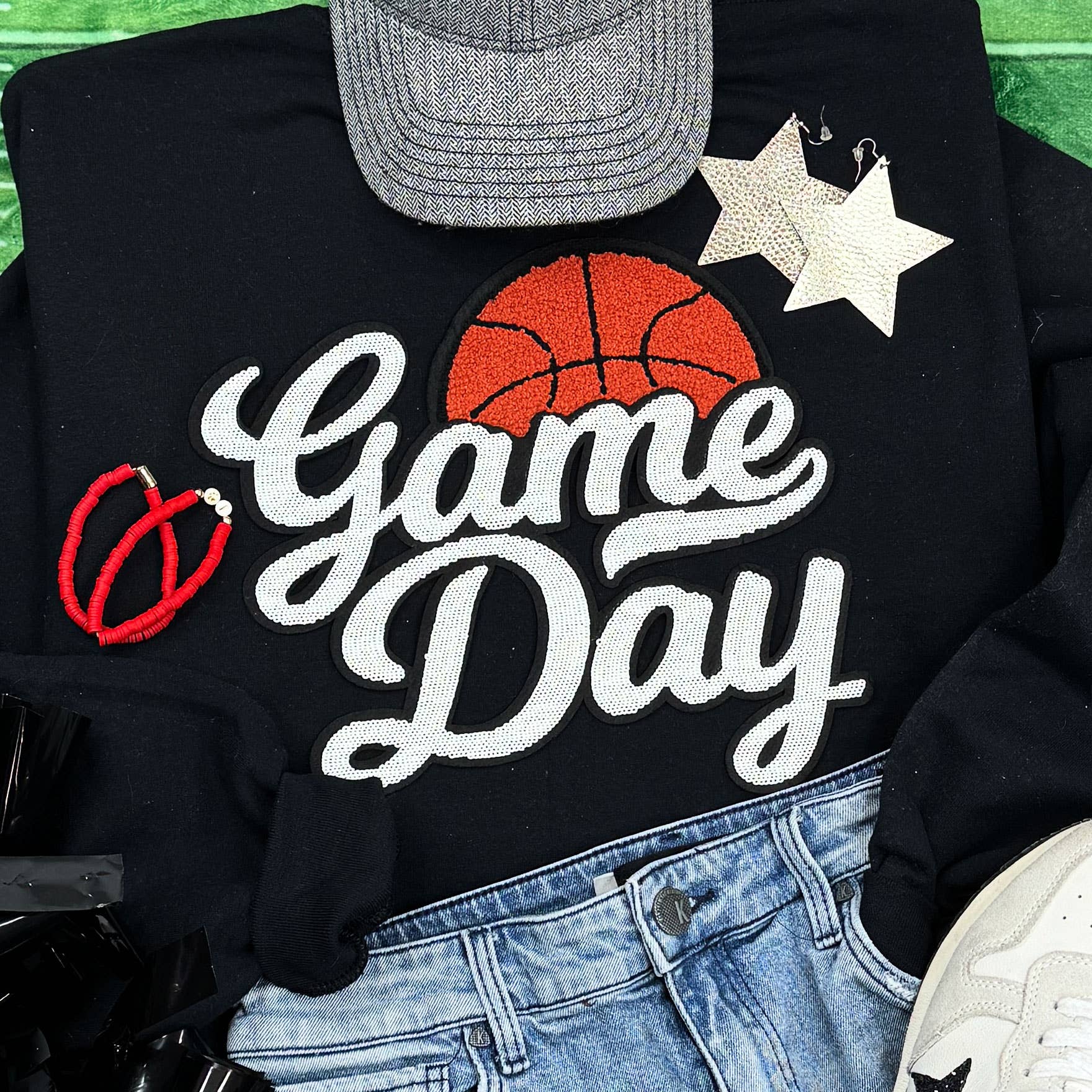 White Sequin Basketball Game Day Patch Black Crewneck Sweatshirt T-Shirts, Hoodie | PodTeesHub.com