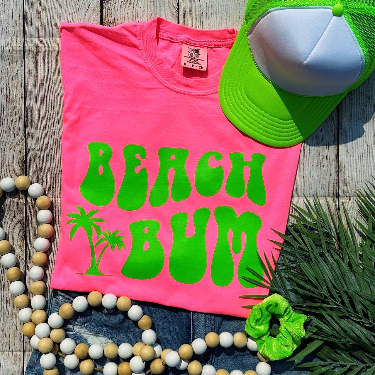 Beach Bum Neon Green Pigment Dyed Tee Hoodie, Sweatshirt | PodTeesHub.com