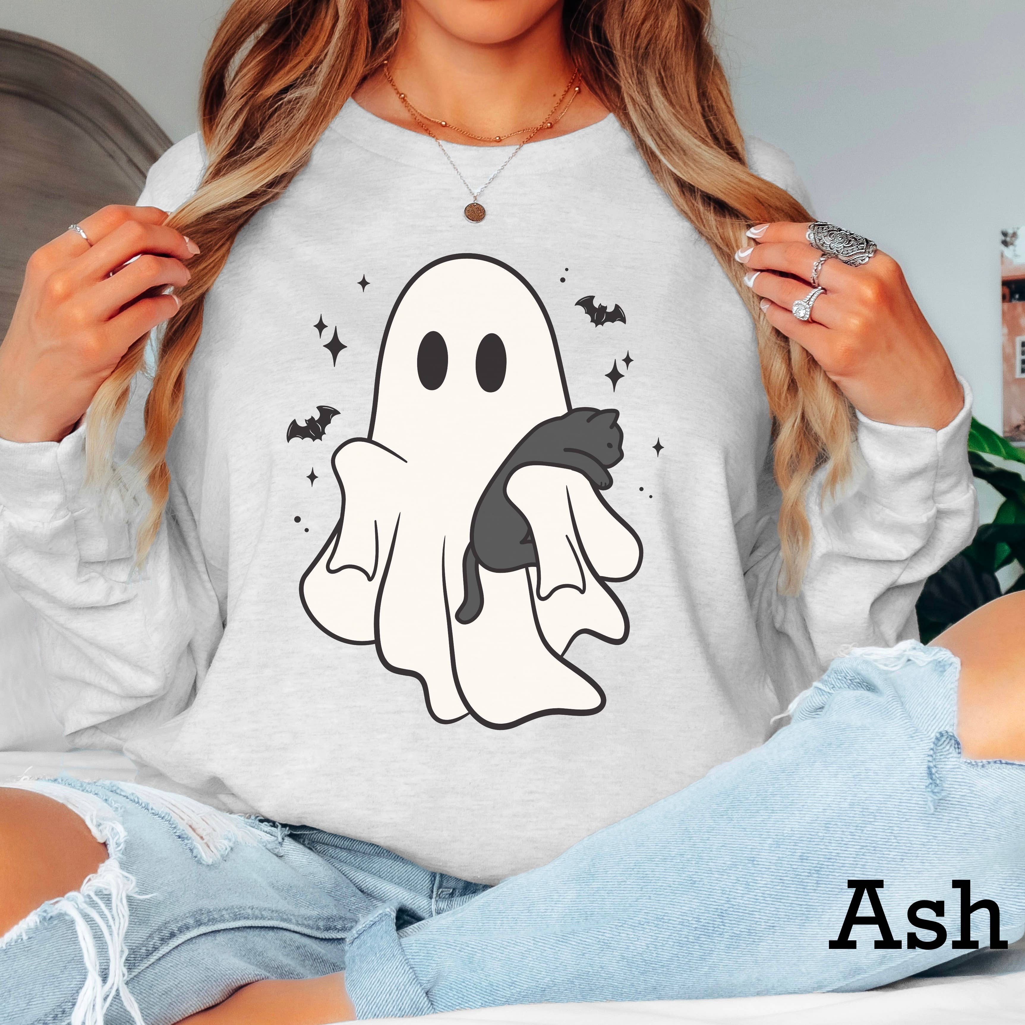 Halloween 2025 Ghost and Cat  Long Sleeve Shirt | Gildan Hoodie, Sweatshirt | PodTeesHub.com