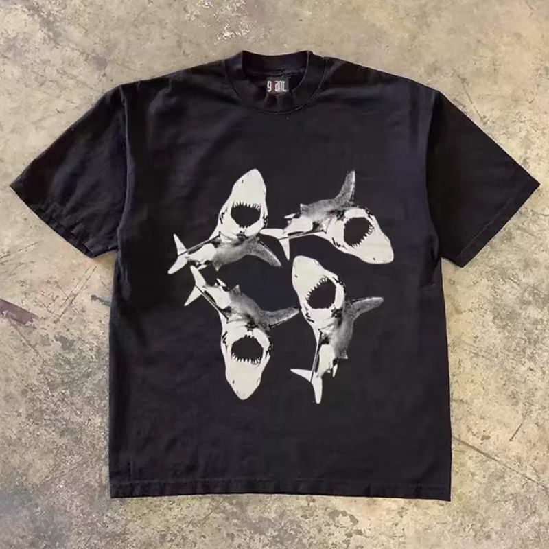 Vintage Black Street Retro Shark Print T Shirt Hoodie, Sweatshirt | PodTeesHub.com