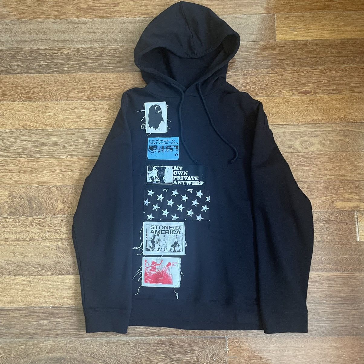 Simons Raf Simons Stoned America Black Applique Patch Hoodie T-Shirts, Sweatshirt | PodTeesHub.com