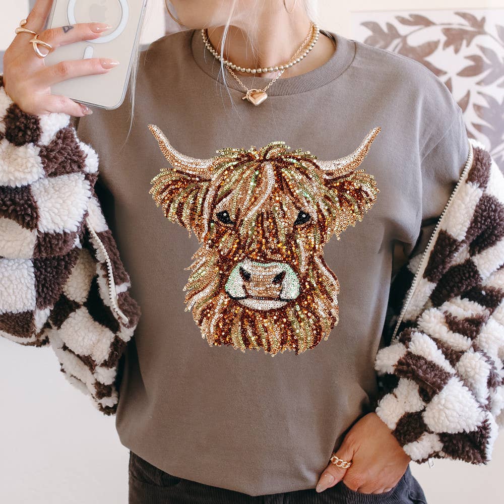 Faux Sequin Highland Cow Tee Hoodie, Sweatshirt | PodTeesHub.com