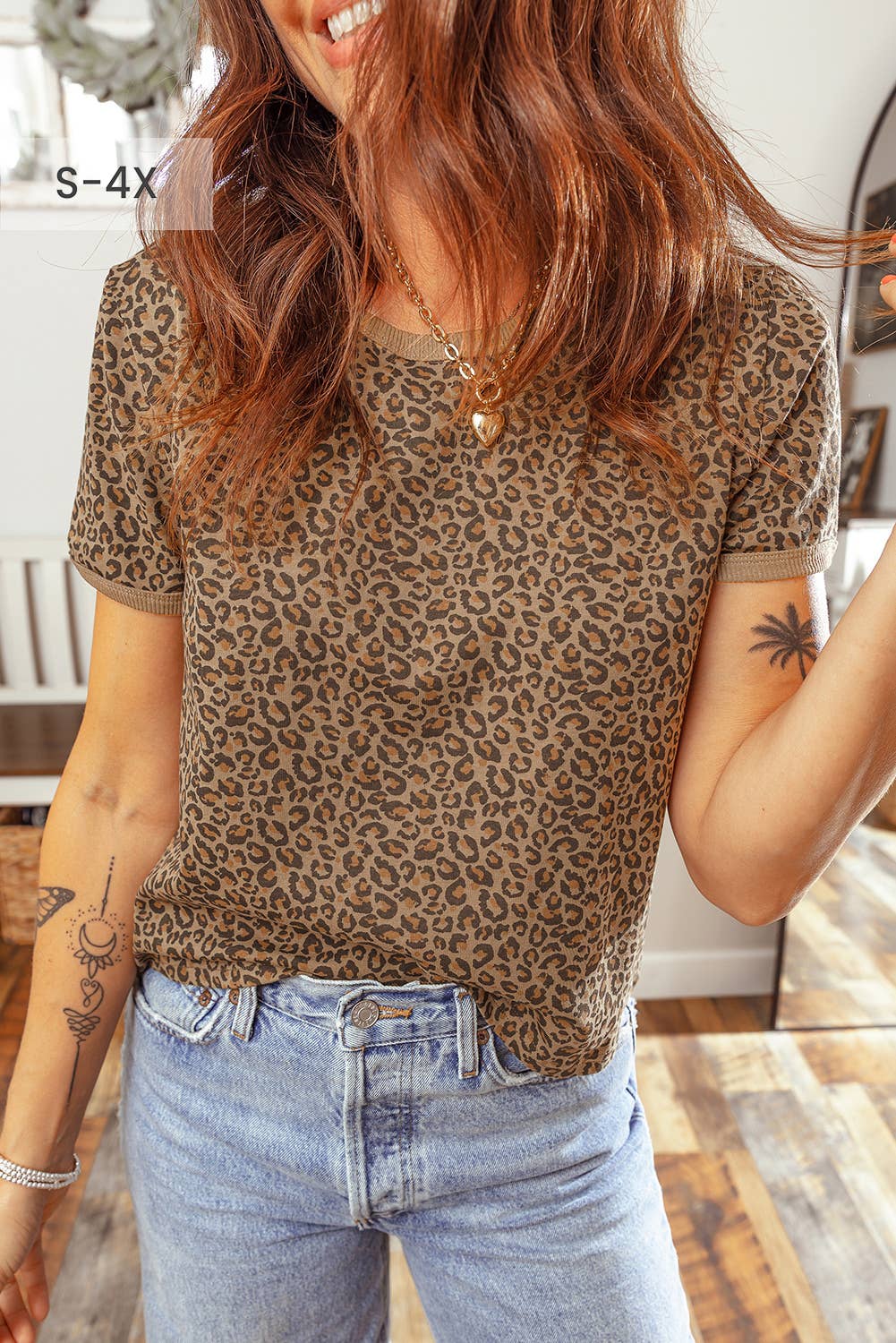 66 Plus Size Leopard Print Ribbed Trim Round Neck Tee (S-4X) Hoodie, Sweatshirt | PodTeesHub.com