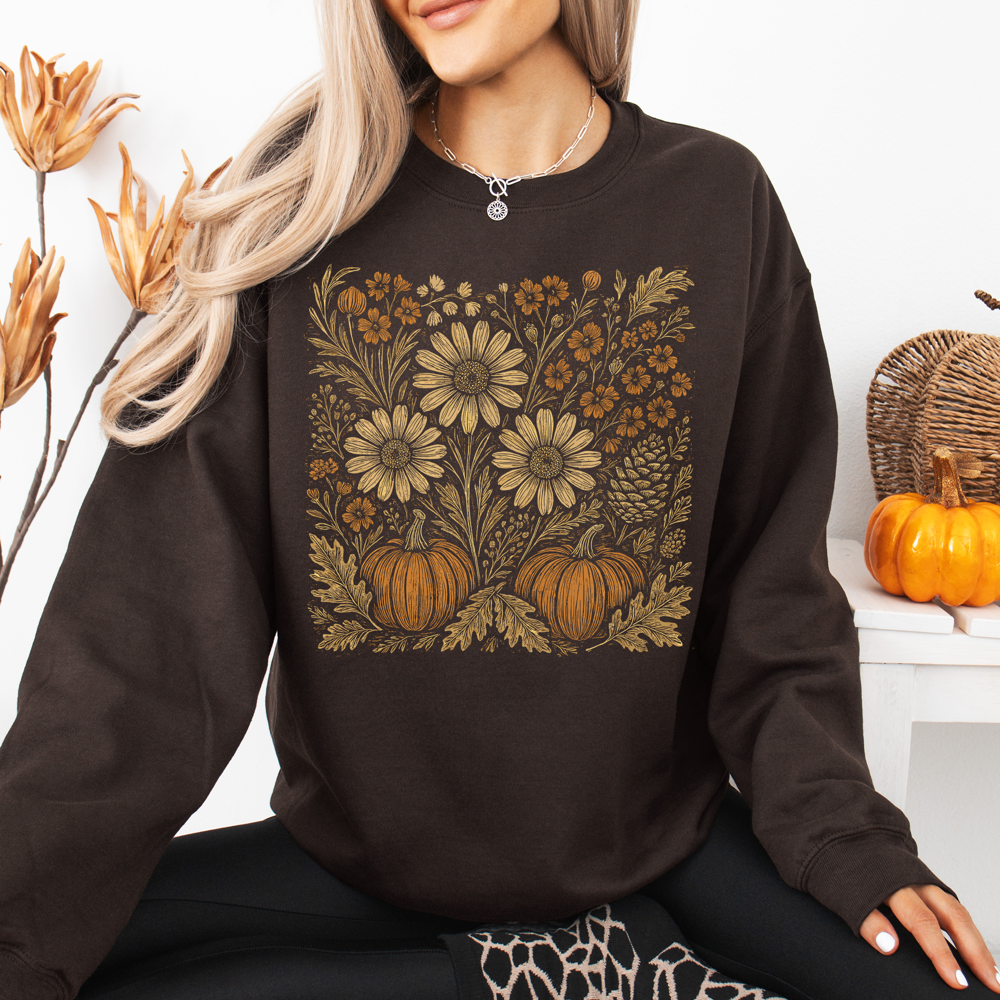 Autumn Wildflowers, Minimalist, Fall, Pumpkin Sweatshirt T-Shirts, Hoodie | PodTeesHub.com