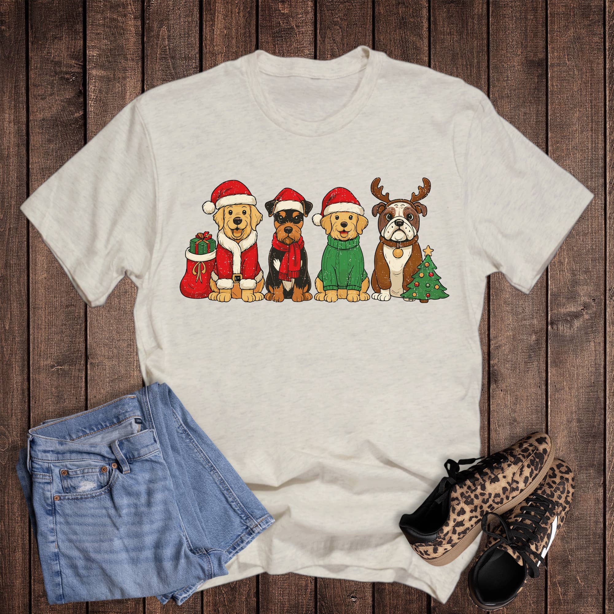 Christmas Santa and Reindeer Dogs Graphic Tee Hoodie, Sweatshirt | PodTeesHub.com