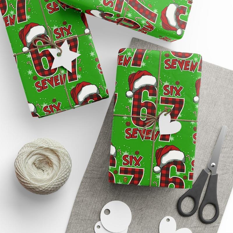 67 Christmas Wrapping Paper, 6 7 Wrapping Paper, minimalist meme design, funny Christmas gift wrap for holiday presents....