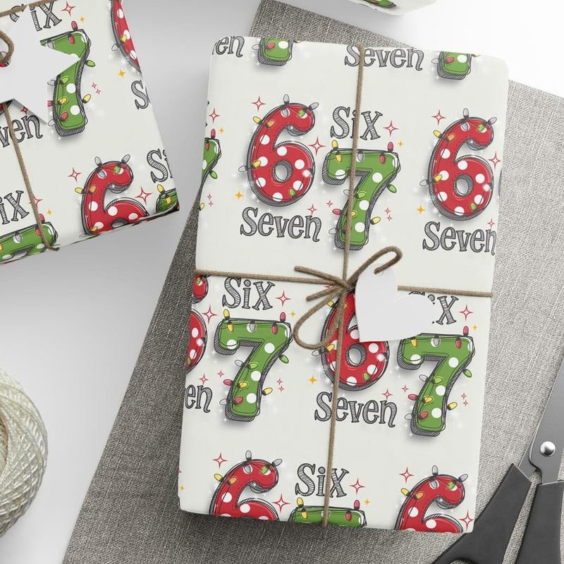 67 Christmas Wrapping Paper, Six Seven Number Gift Wrap, Retro Holiday Lights Wrapping Sheet, Fun Christmas Gift Wrap...