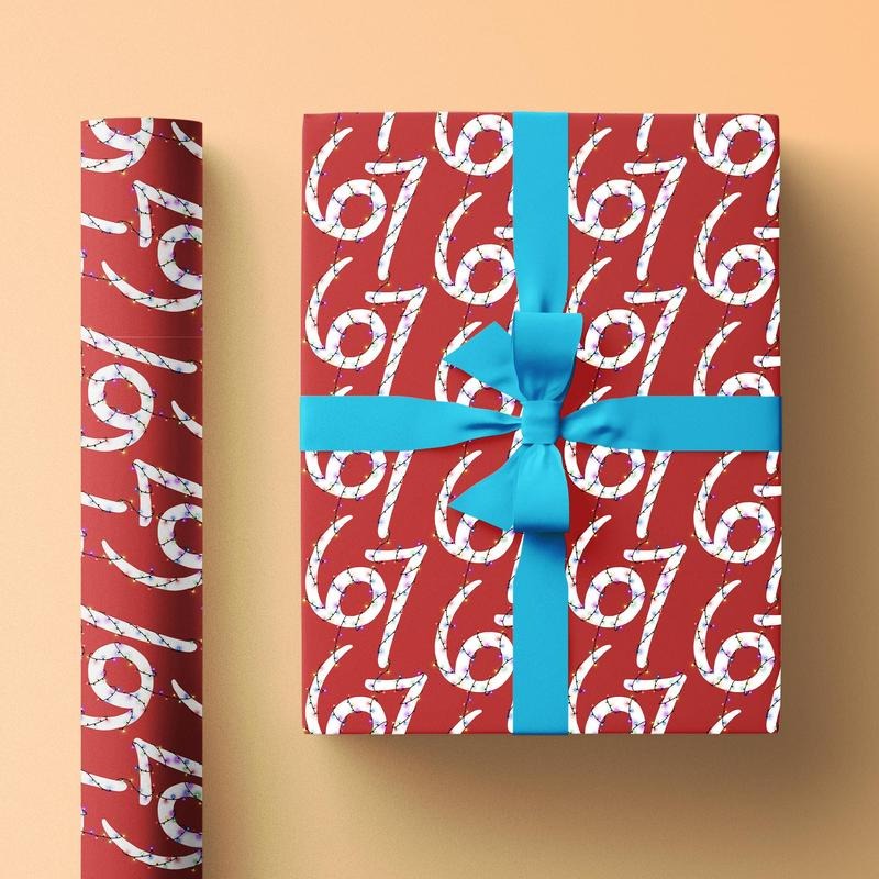 67 Meme Christmas Wrapping Paper Roll, Funny Gift Wrap for Holidays with Red Background and Christmas Light...