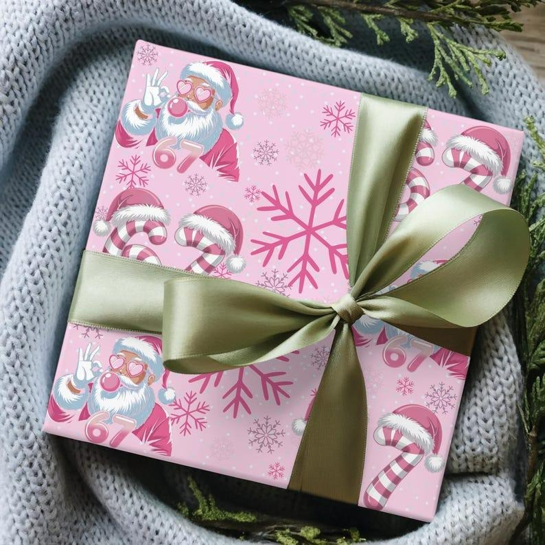 67 Meme Christmas Wrapping Paper, Funny 6 7 Santa Gift Wrap, Holiday Wrapping Paper, Unique Festive Christmas Gift Wrap...