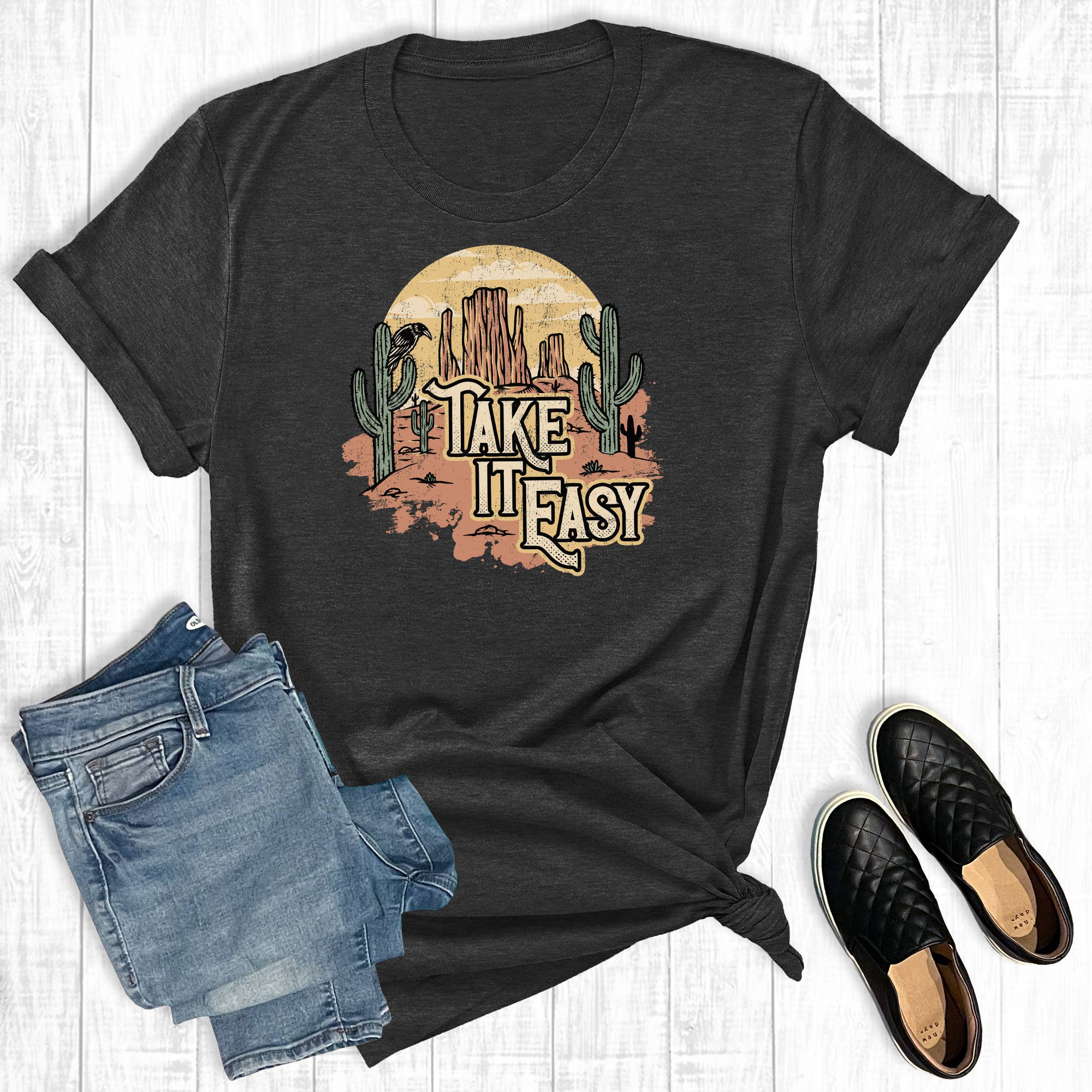 Take It Easy Desert Cactus Graphic Tee Hoodie, Sweatshirt | PodTeesHub.com