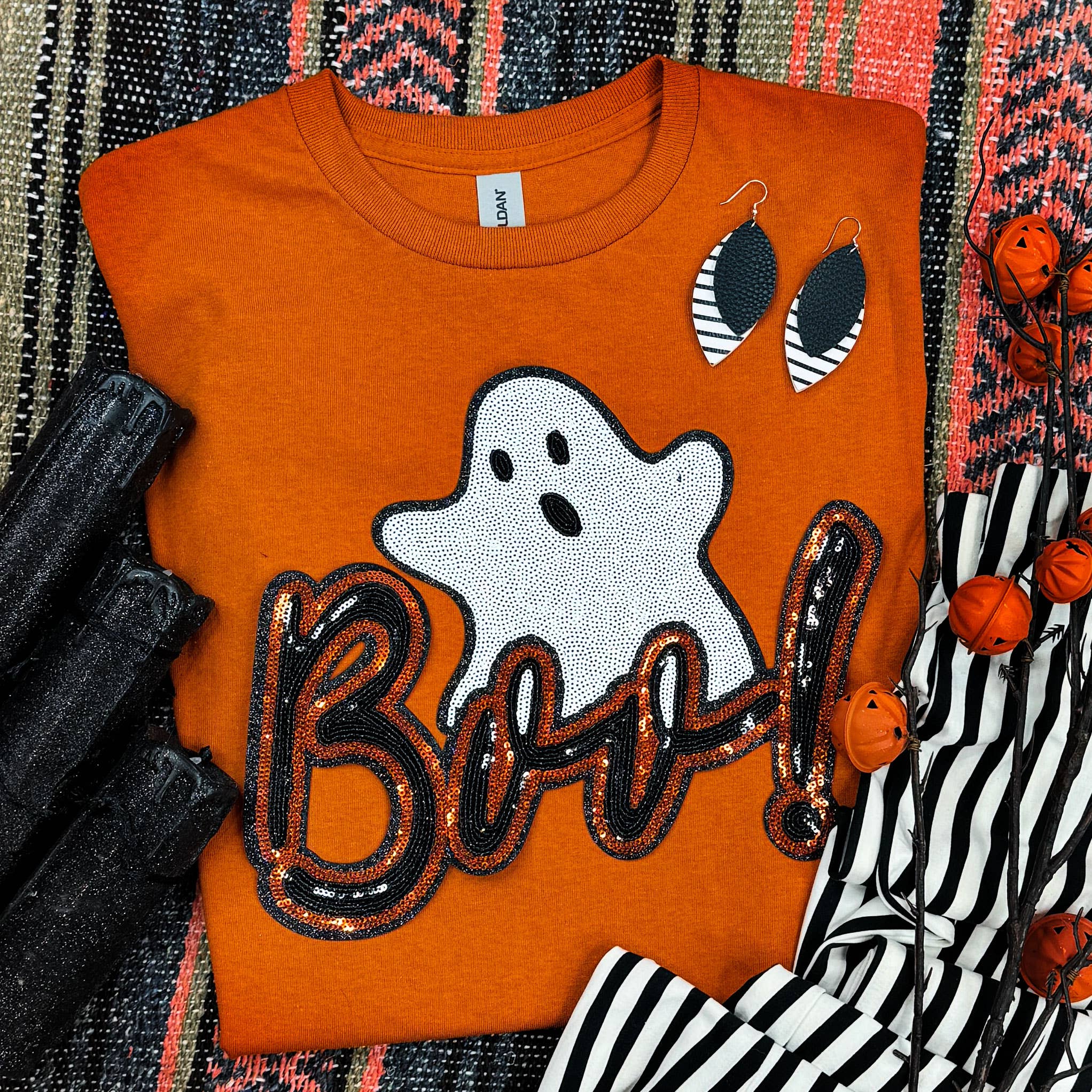 Boo! Ghost Sequin Patch Texas Orange Everyday Tee Hoodie, Sweatshirt | PodTeesHub.com