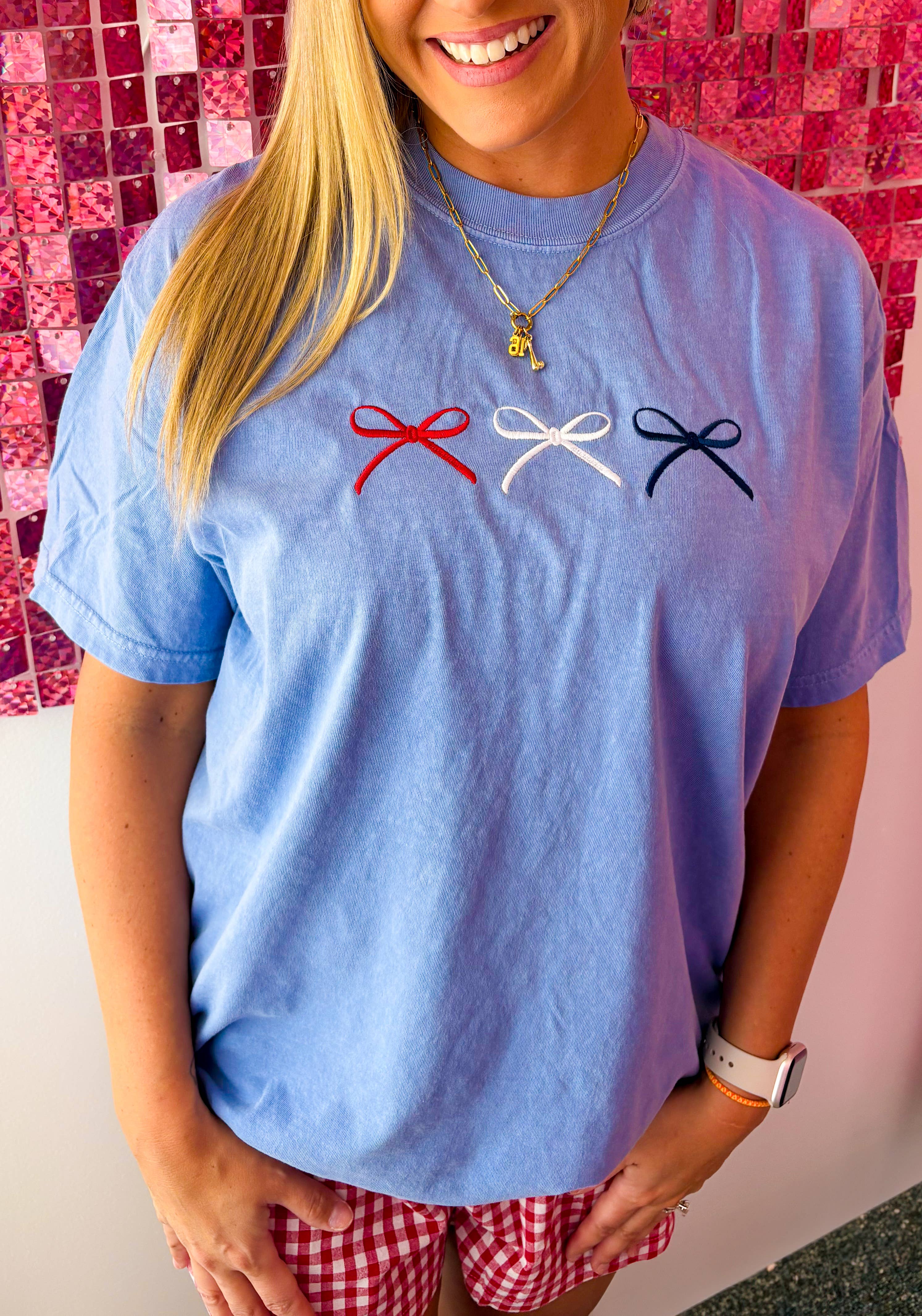 USA Dainty Bow Embroidered Tee | 4th of July Apparel Hoodie, Sweatshirt | PodTeesHub.com