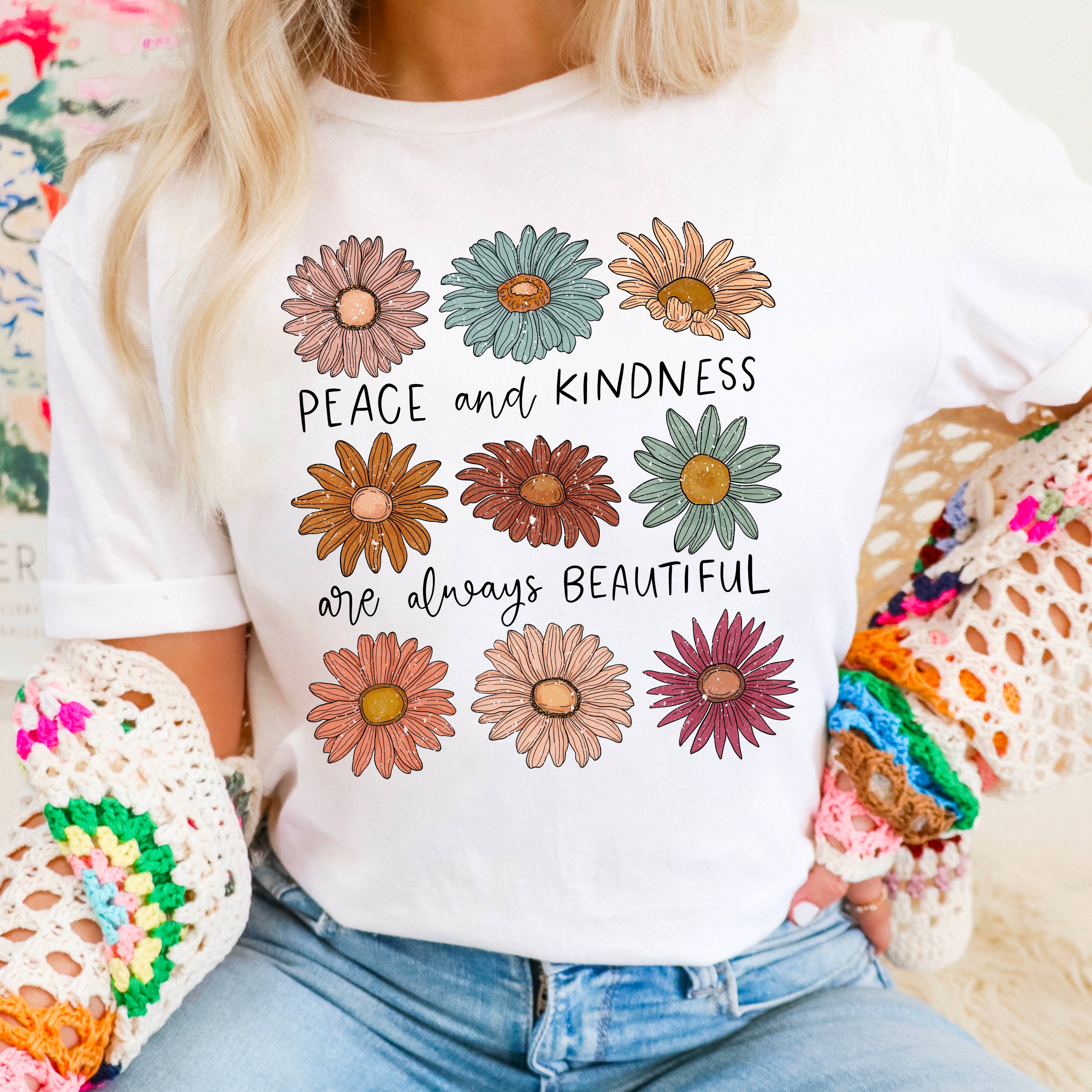 Peace & Kindness Floral Spring 2025  Graphic Tee | Gildan Hoodie, Sweatshirt | PodTeesHub.com