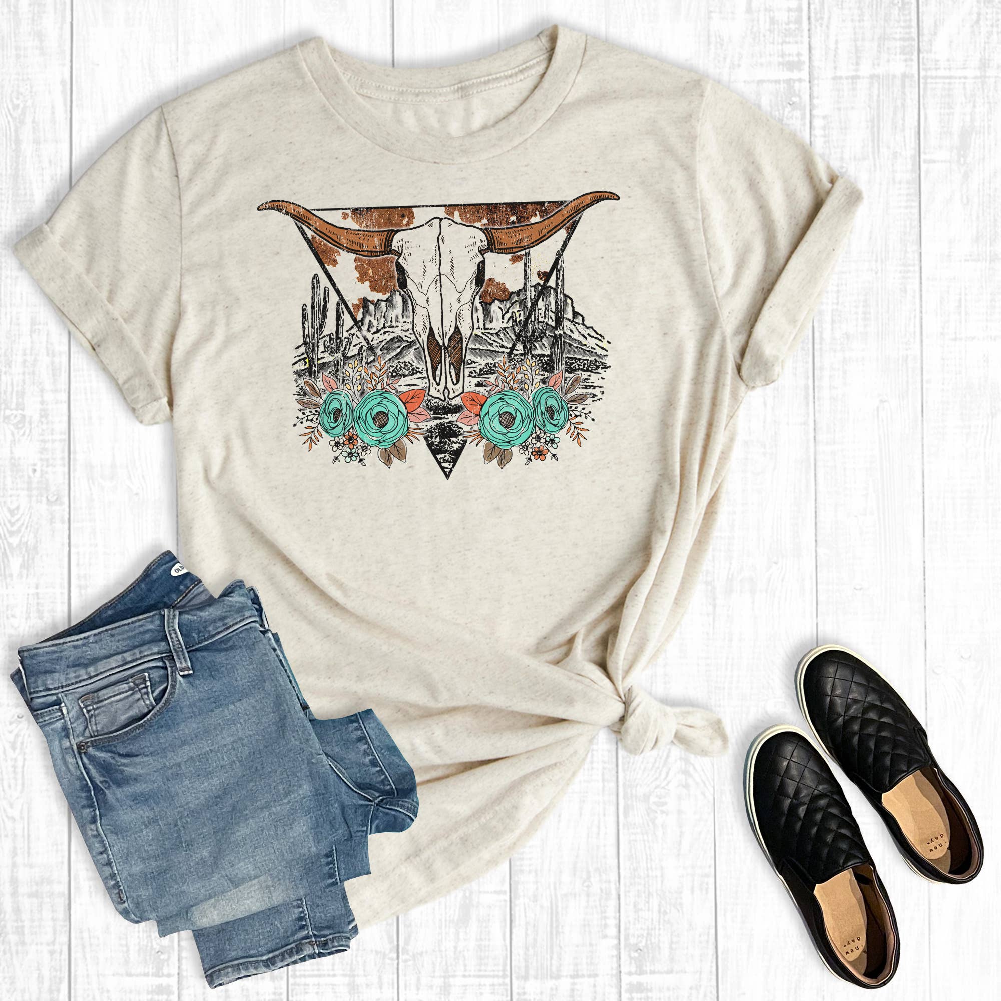 Western Desert Floral Cow Skull Graphic Tee Hoodie, Sweatshirt | PodTeesHub.com