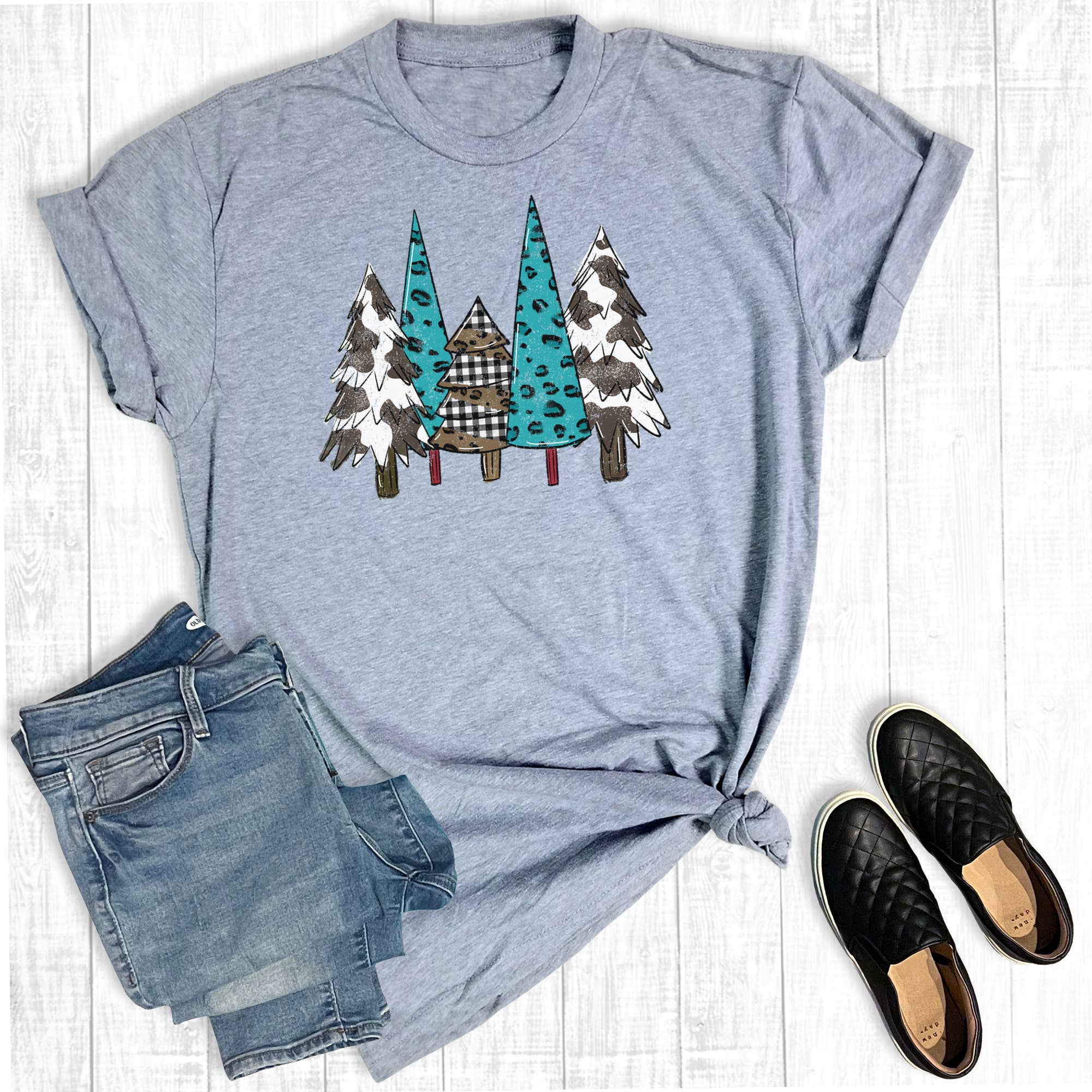 Western Cowhide Christmas Trees Graphic Tee Hoodie, Sweatshirt | PodTeesHub.com