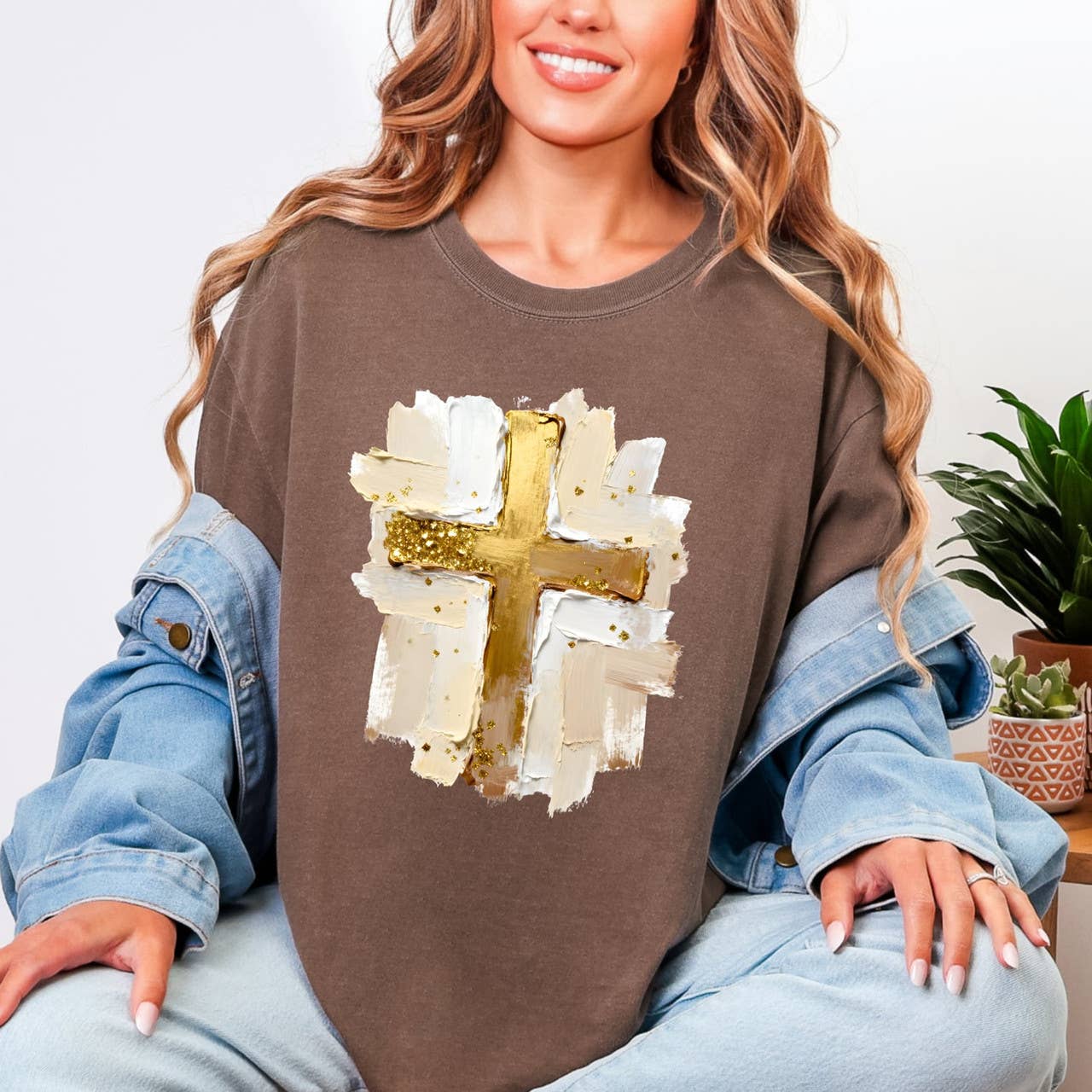 Faux Painted Gold Cross Tee Hoodie, Sweatshirt | PodTeesHub.com