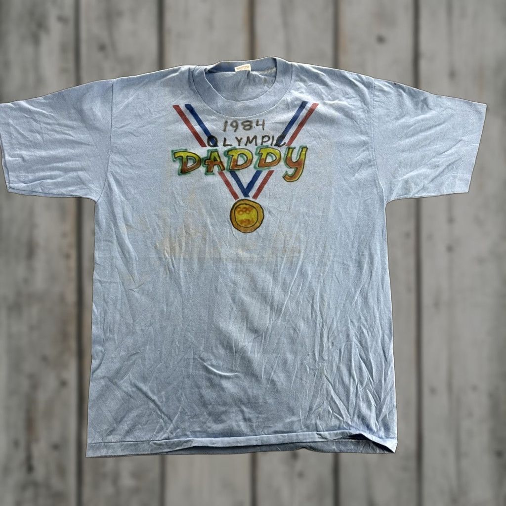 Vintage 1984 Olympic Daddy Shirt Mens L Blue 80s Tee Sportswear Birthday Gift Graphic Print Hoodie, Sweatshirt