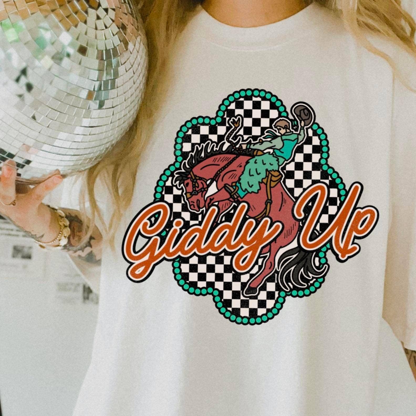 Giddy Up Retro Western Comfort Color Graphic Tee Hoodie, Sweatshirt | PodTeesHub.com