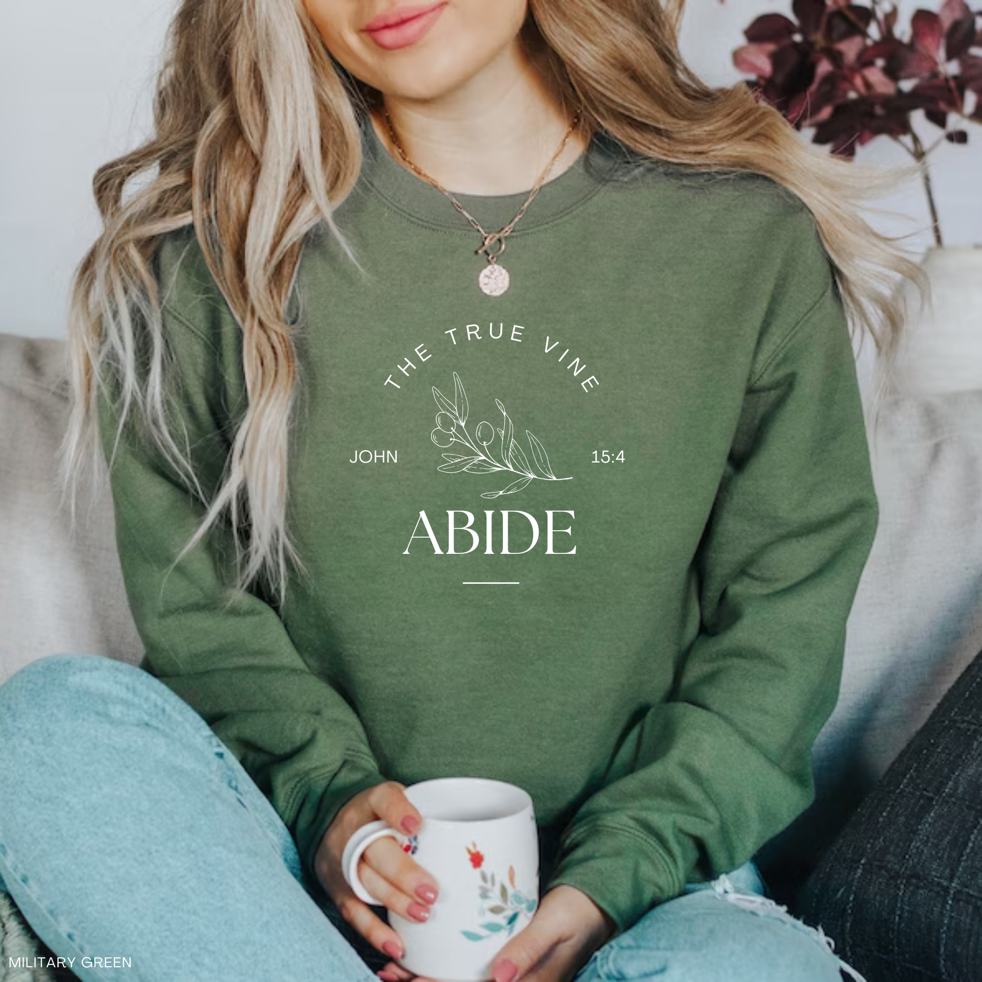 Abide the True Vine Olive Branch Cozy Crewneck Sweatshirt T-Shirts, Hoodie | PodTeesHub.com