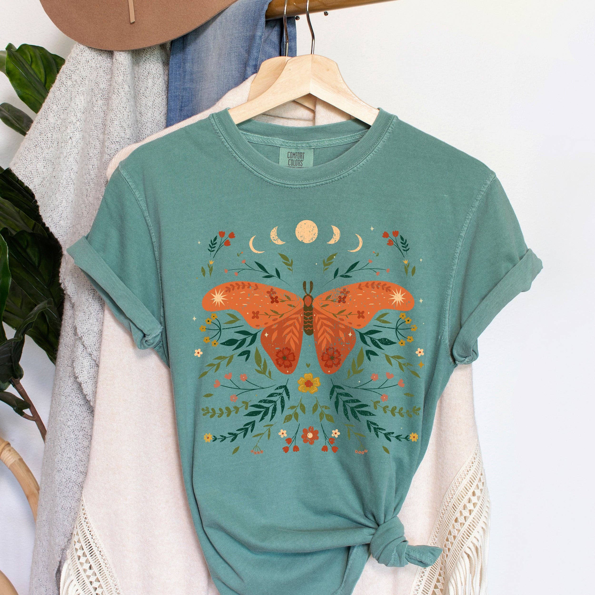 Moth Moon Phases and Ferns Celestial T-Shirt Hoodie, Sweatshirt | PodTeesHub.com