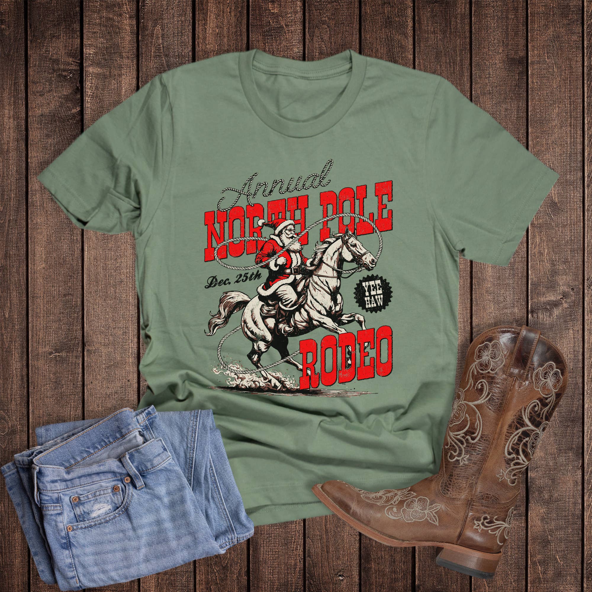 Christmas Western North Pole Rodeo Graphic Tee Hoodie, Sweatshirt | PodTeesHub.com