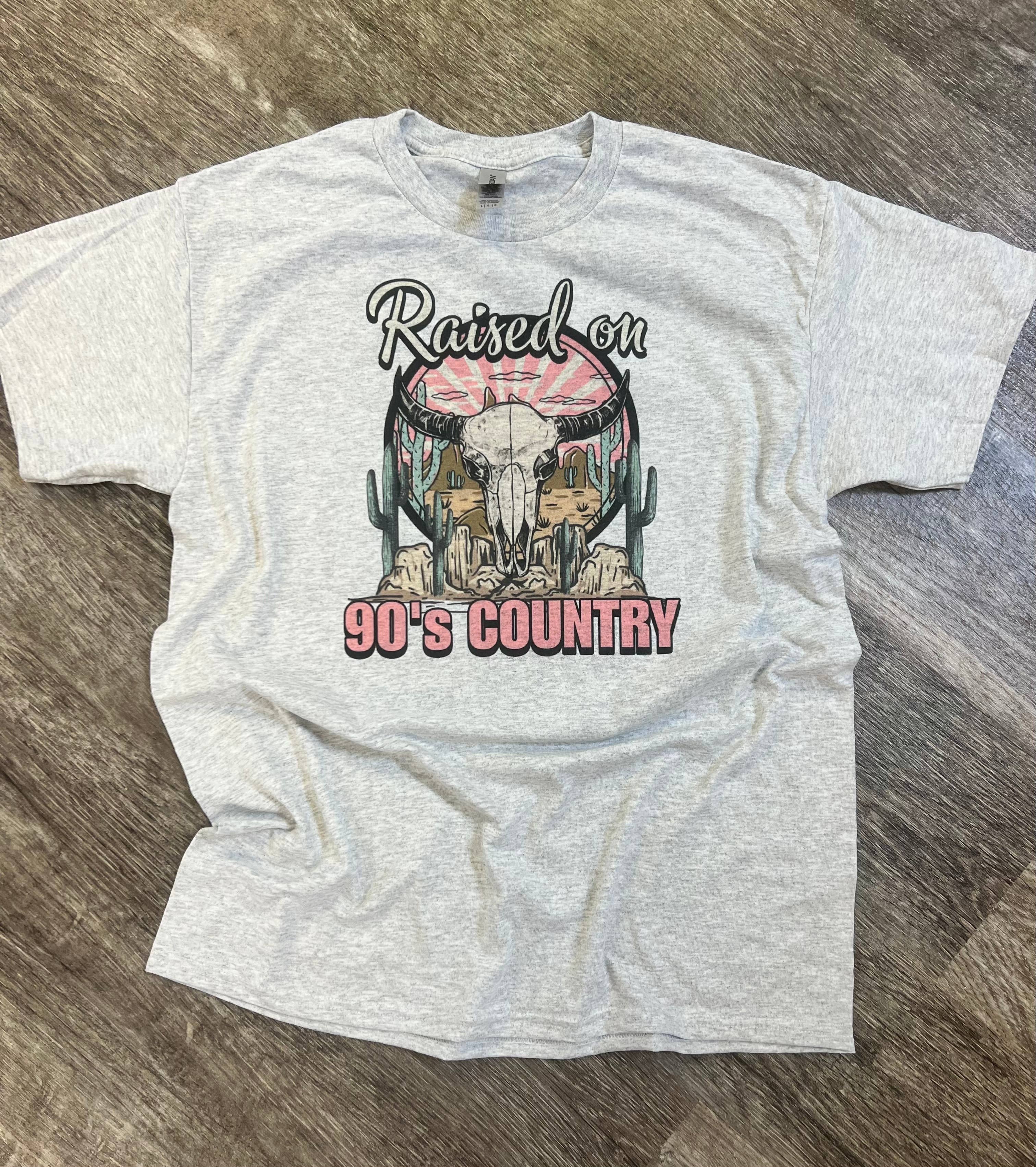 Raised On 90’S Country On Ash Gray Tee Hoodie, Sweatshirt | PodTeesHub.com