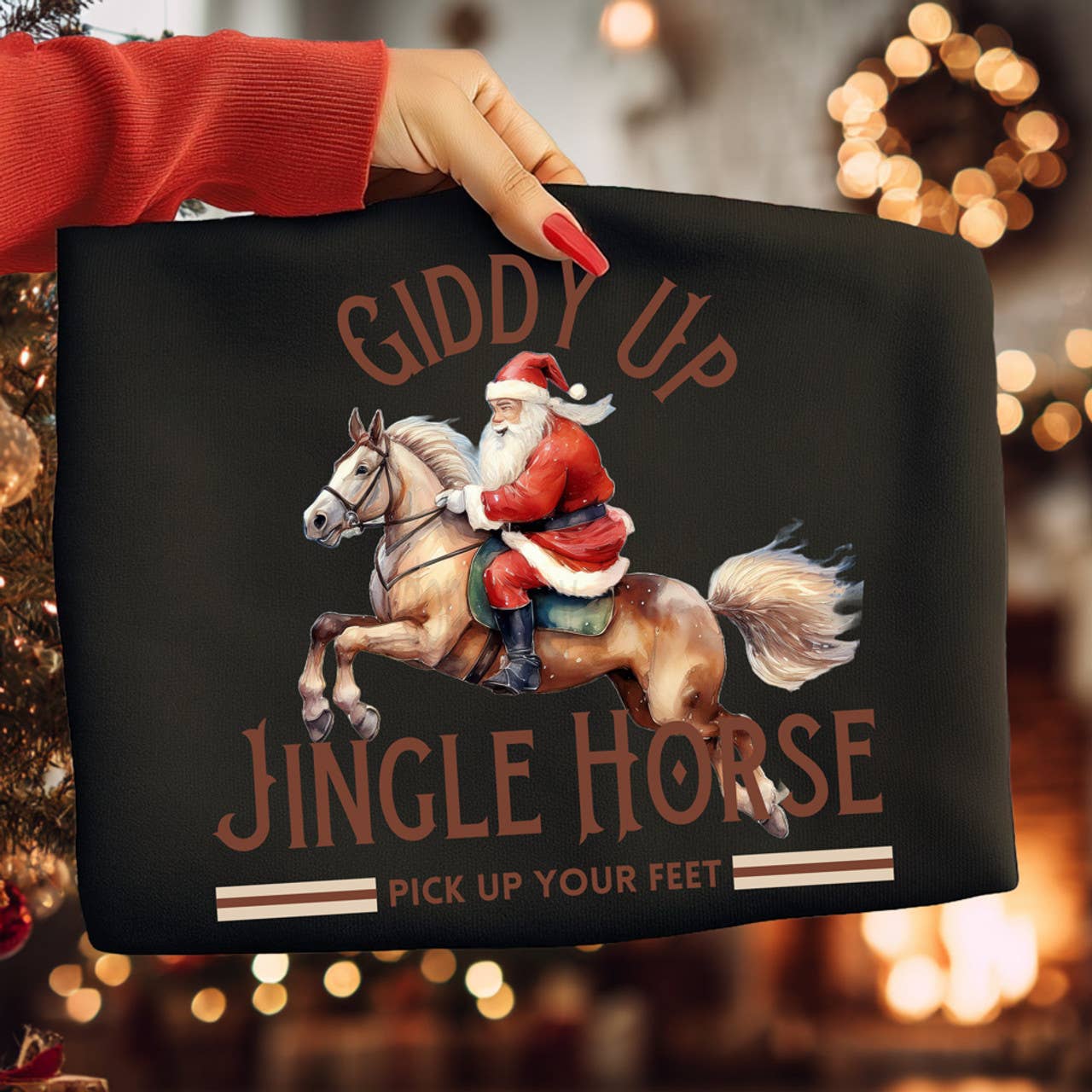 Giddy Up Jingle Horse Western Santa Tee Hoodie, Sweatshirt | PodTeesHub.com