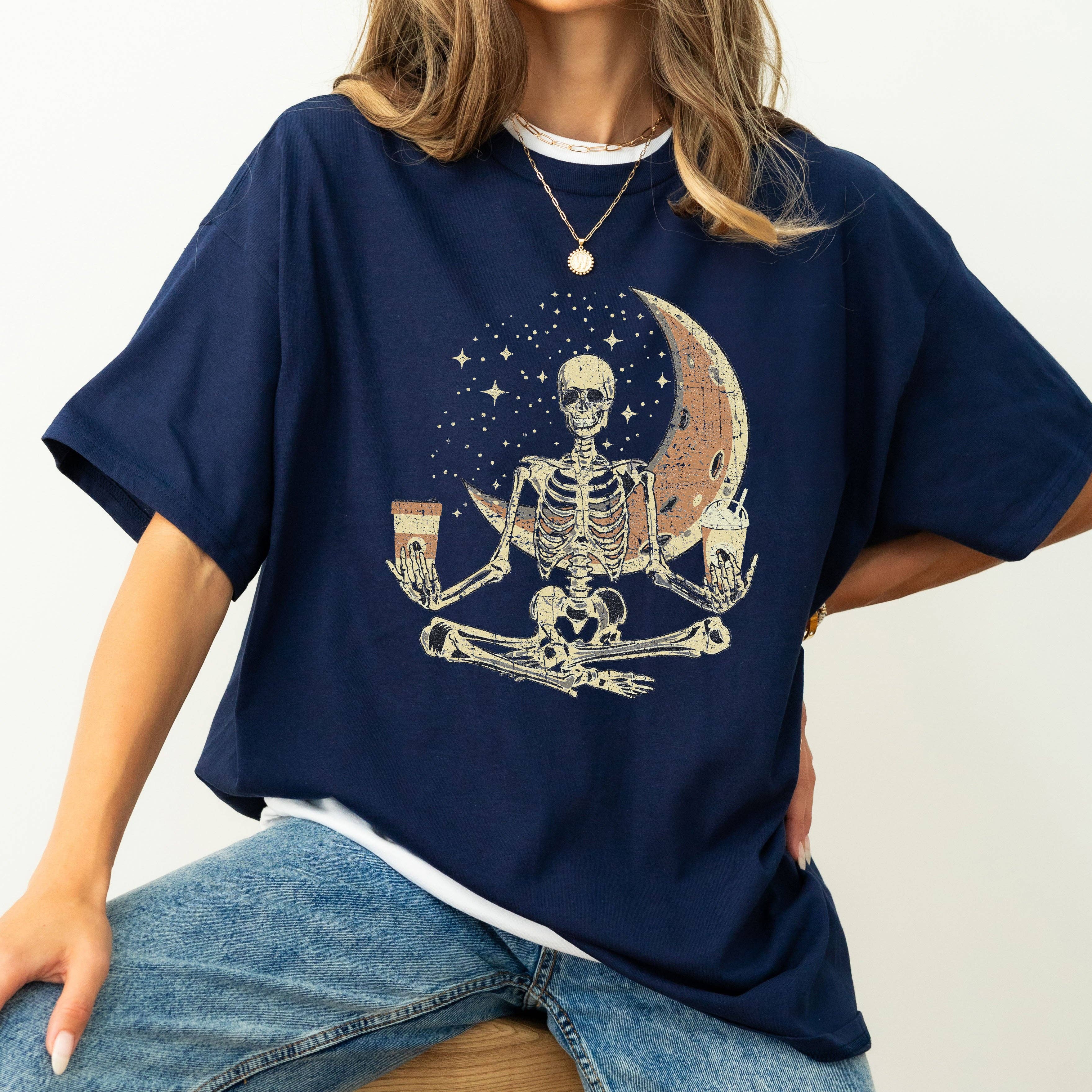 Skeleton Yoga, Coffee, Moon, Retro, Aesthetic, Vintage, Comfort Colors Tshirt Hoodie, Sweatshirt | PodTeesHub.com