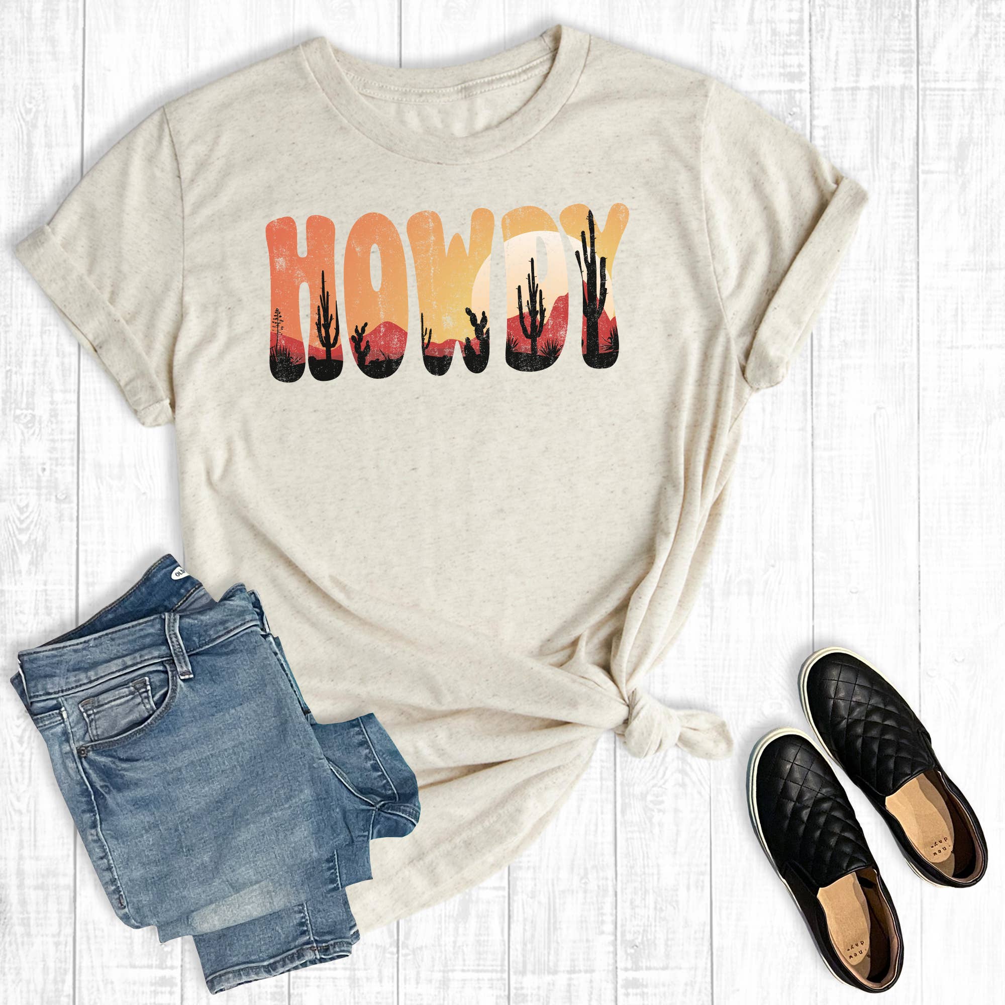 Western Desert Sunset Howdy Graphic Tee Hoodie, Sweatshirt | PodTeesHub.com