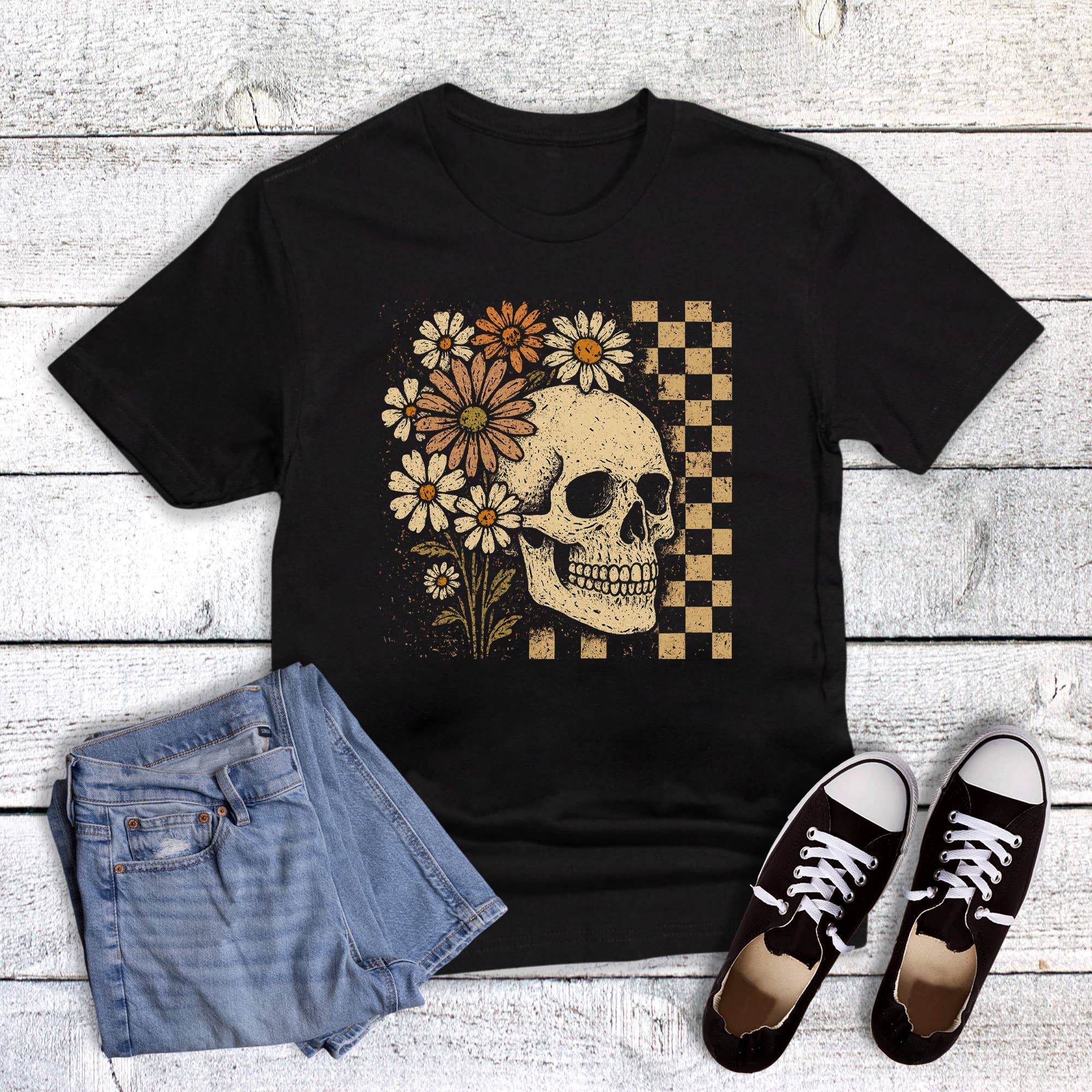 Halloween Checkered Floral Skeleton Graphic Tee Hoodie, Sweatshirt | PodTeesHub.com
