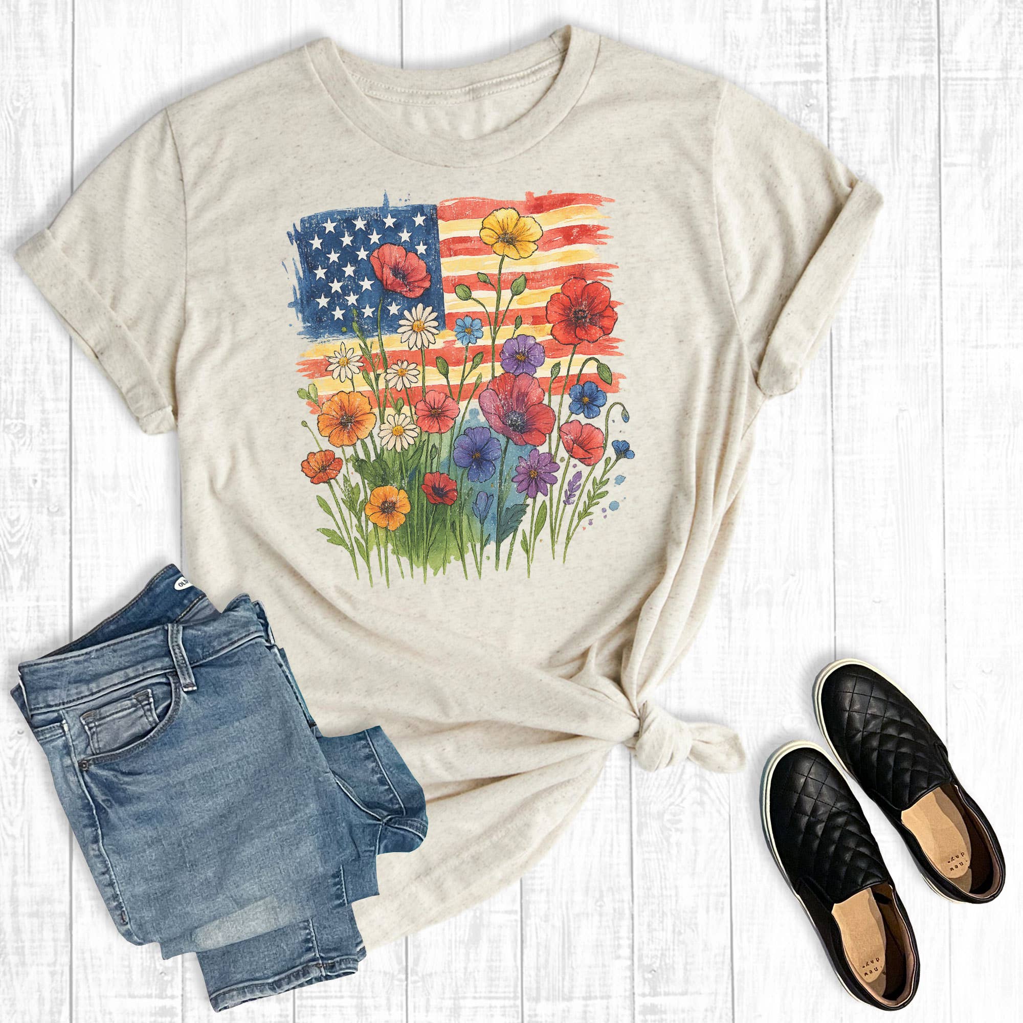 4th of July Floral USA Flag Graphic Tee Hoodie, Sweatshirt | PodTeesHub.com
