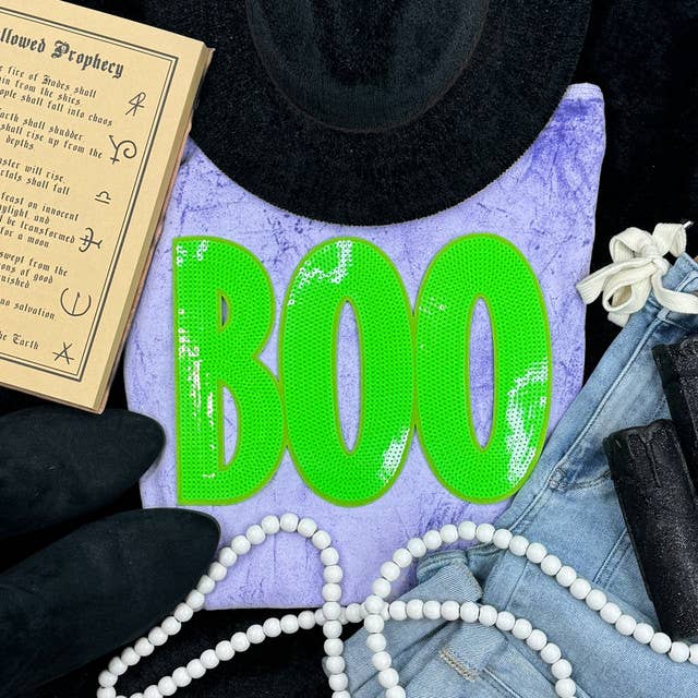 Neon Green Sequin Boo Patch Pigment Dyed Tee Hoodie, Sweatshirt | PodTeesHub.com
