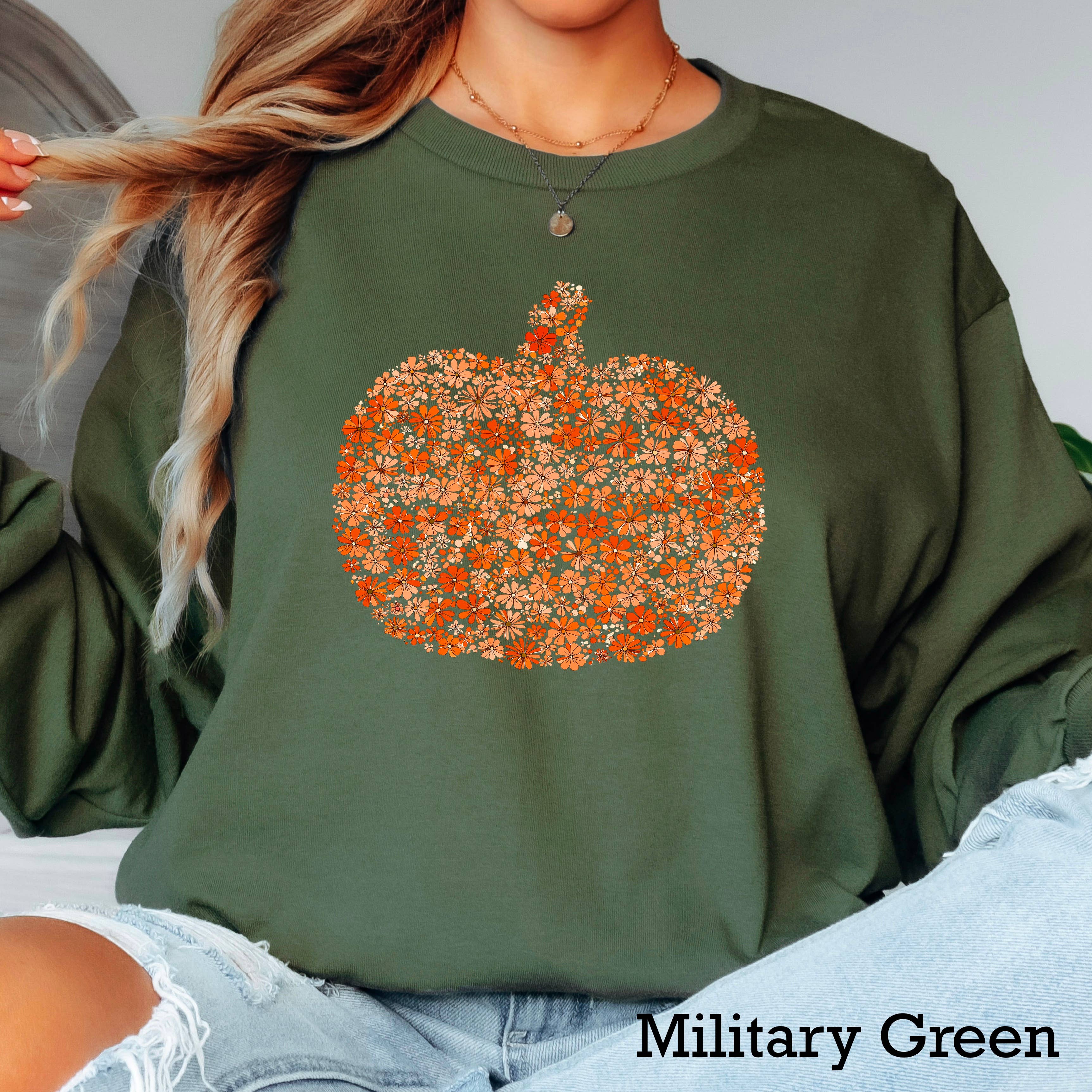 Fall Floral Pumpkin Women’S Long Sleeve Shirt | Gildan Hoodie, Sweatshirt | PodTeesHub.com