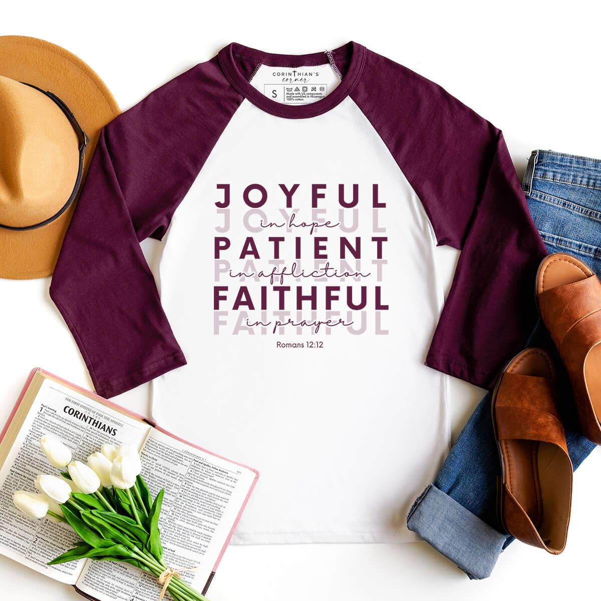 Joyful Patient Faithful Raglan 3/4 Sleeve Bible Verse Shirt Hoodie, Sweatshirt | PodTeesHub.com