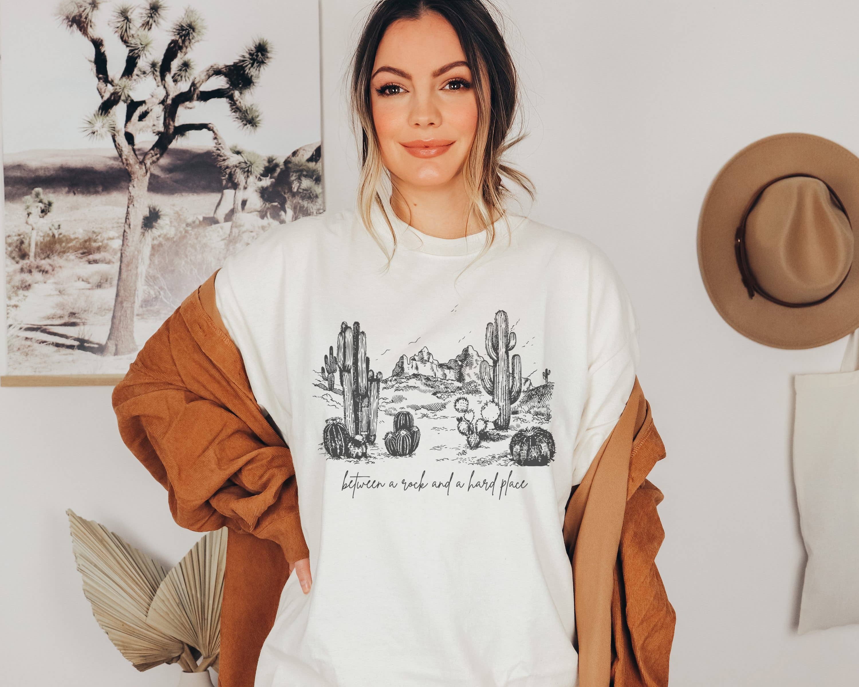 Between A Rock Graphic Tee | Western Shirt | Cactus Tee Hoodie, Sweatshirt | PodTeesHub.com
