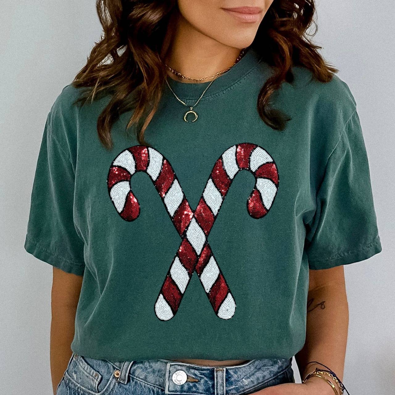 Sequin Candy Cane Patch Pigment Dyed Tee Hoodie, Sweatshirt | PodTeesHub.com