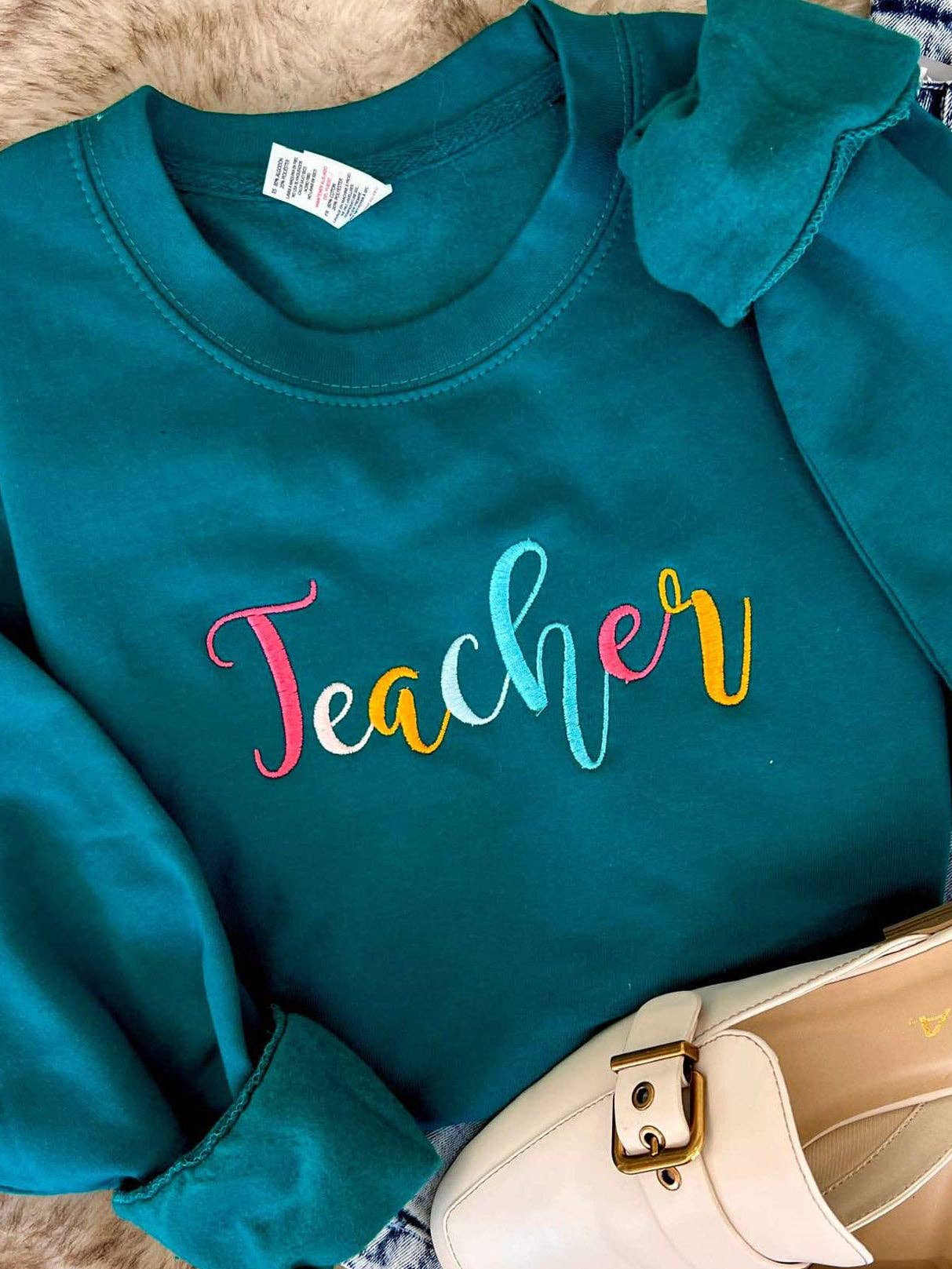 Teacher Rainbow Cursive Embroidered Sweatshirt T-Shirts, Hoodie | PodTeesHub.com