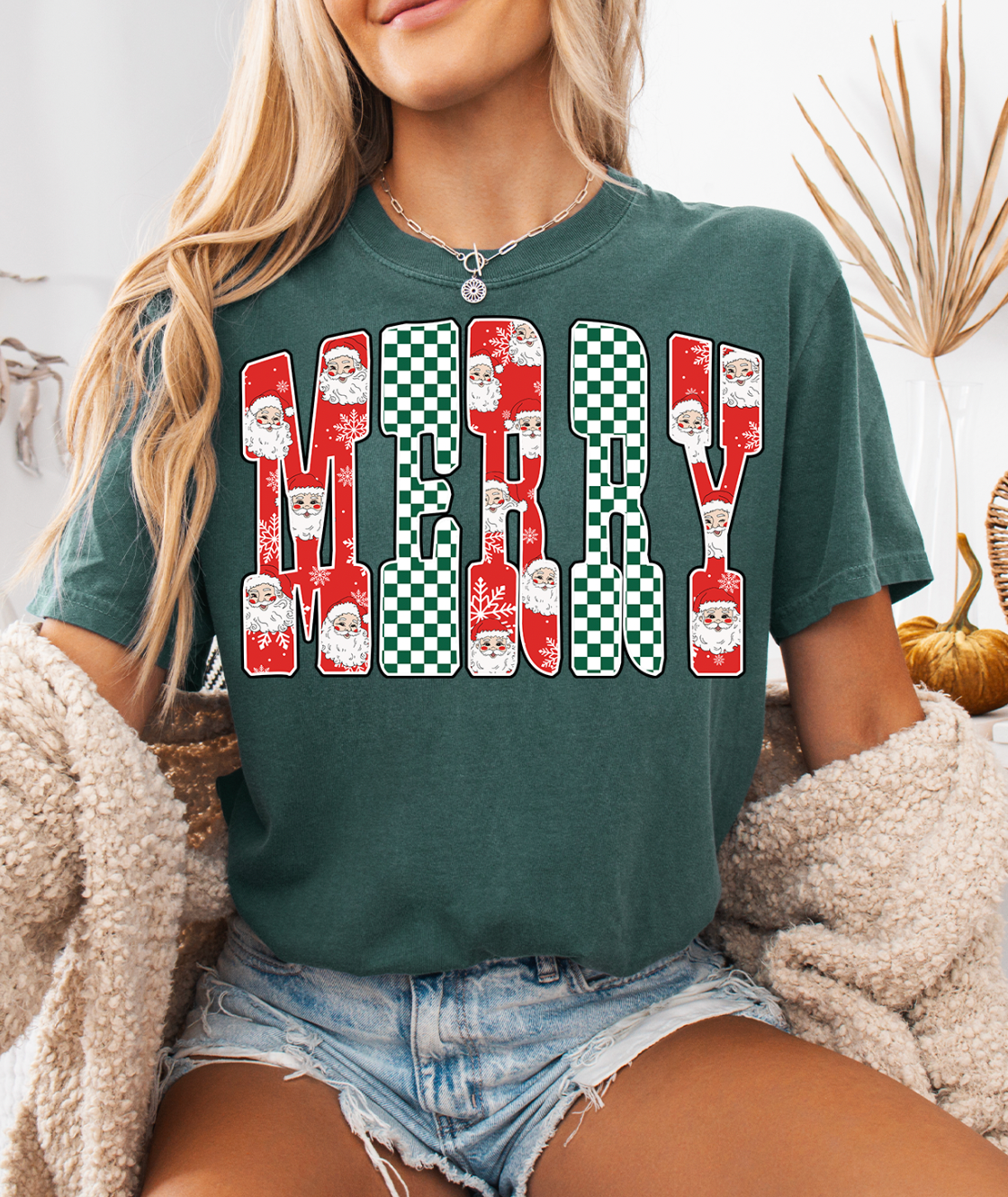 Merry Checkered Green and Red Christmas Tee & Sweatshirt Hoodie | PodTeesHub.com