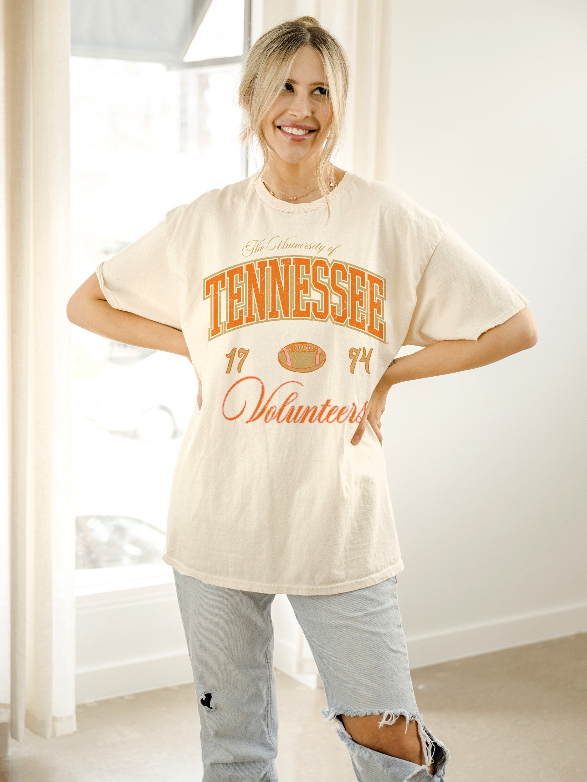 Tennessee Volunteers Vols Wave Arch Off White Thrifted Tee Hoodie, Sweatshirt | PodTeesHub.com
