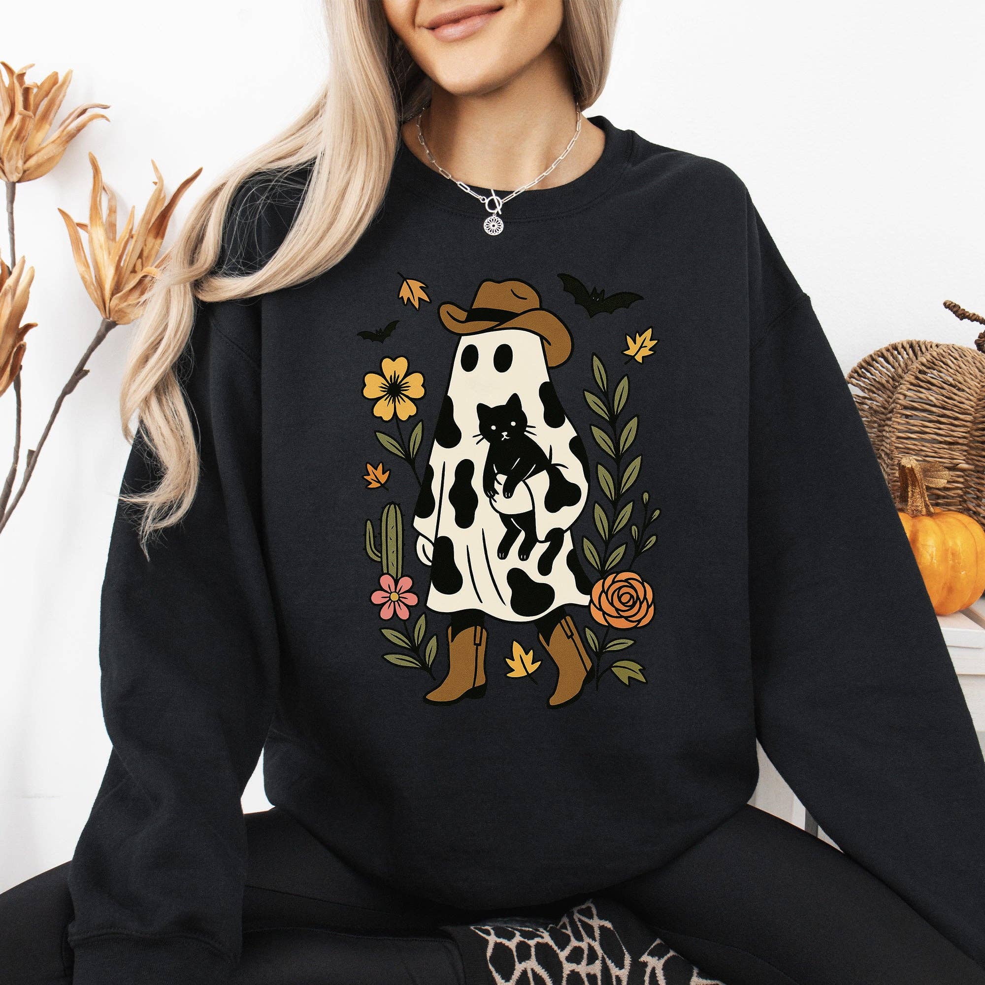 Cute Cowboy Ghost, Cat, Western Halloween Graphic Sweatshirt T-Shirts, Hoodie | PodTeesHub.com