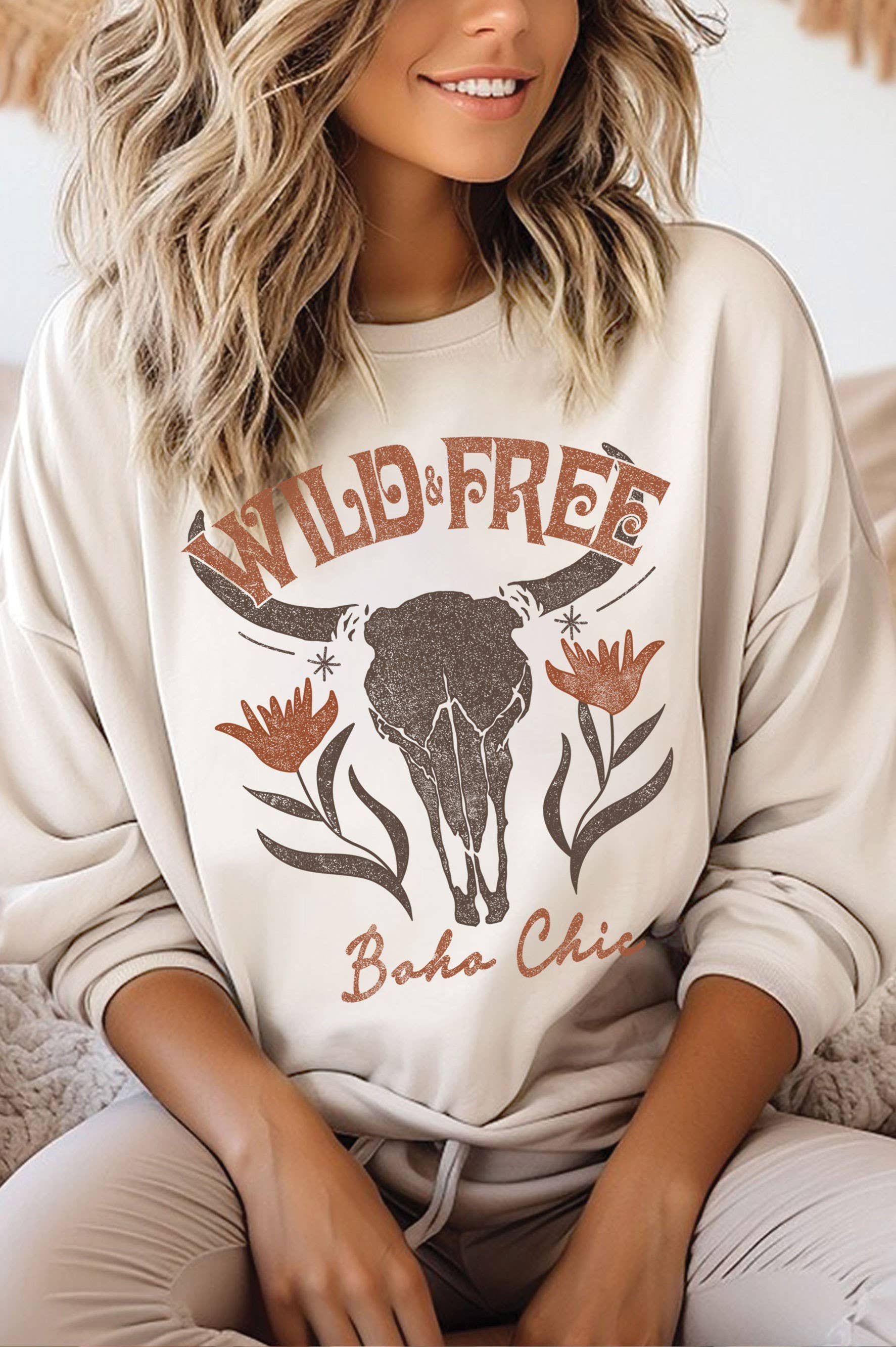 Wild Free Flower Cow Skull Graphic Brushed Sweatshirt T-Shirts, Hoodie | PodTeesHub.com