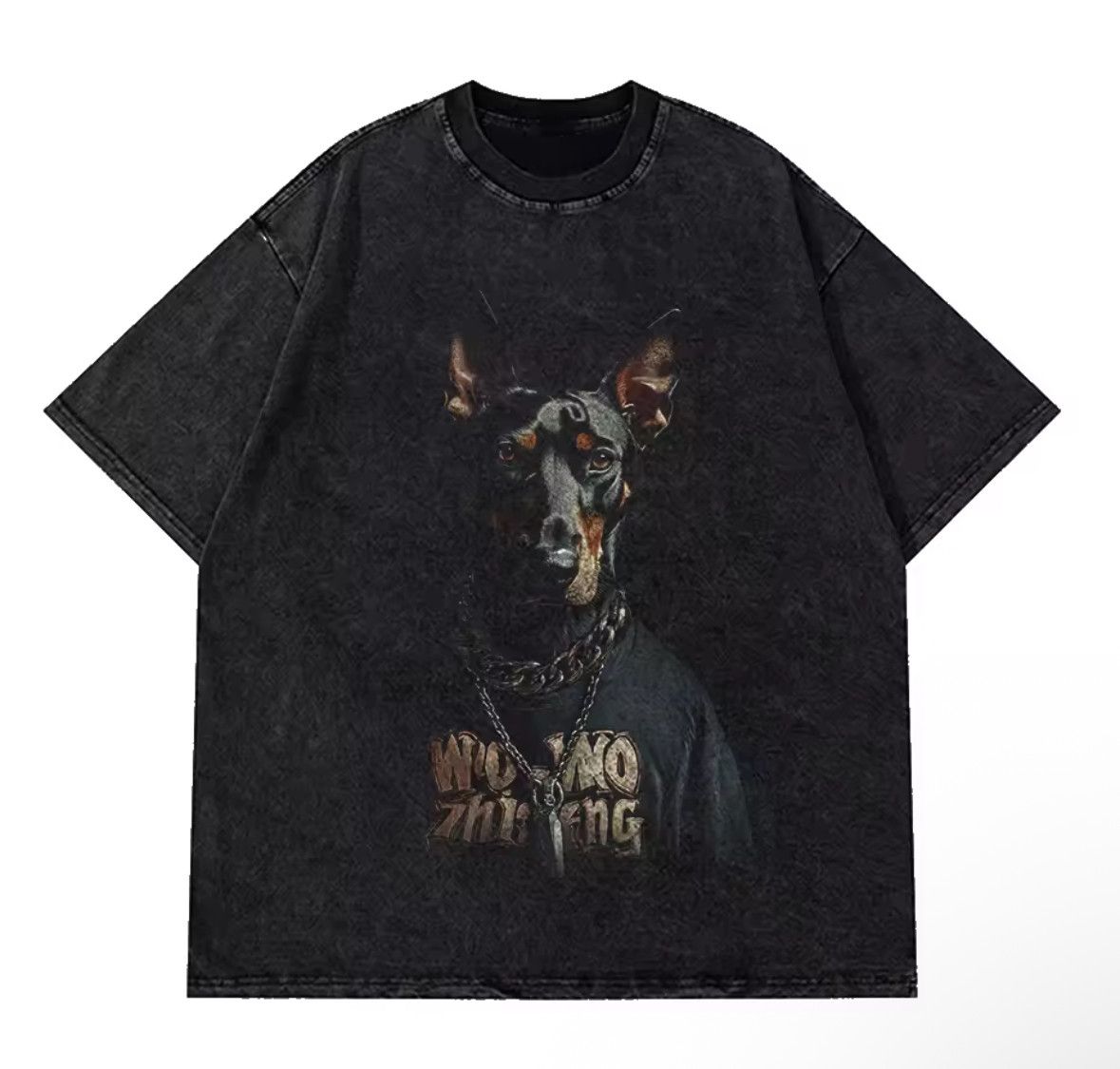 Japanese Brand Y2k Vintage Gothic Black Dog Print Washed T Shirt Hoodie, Sweatshirt | PodTeesHub.com