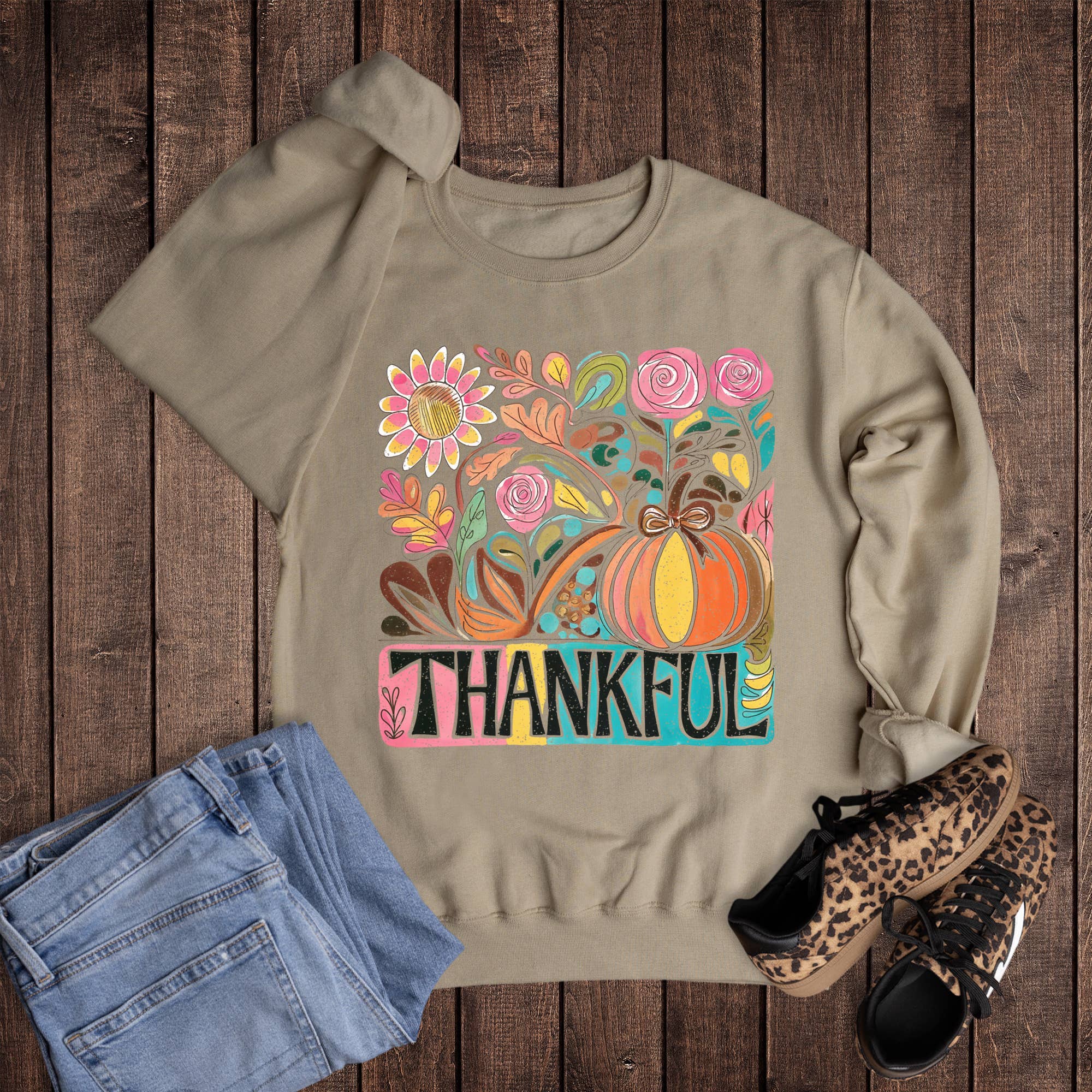 Boho Colorful Thankful Pumpkin Sweatshirt T-Shirts, Hoodie | PodTeesHub.com