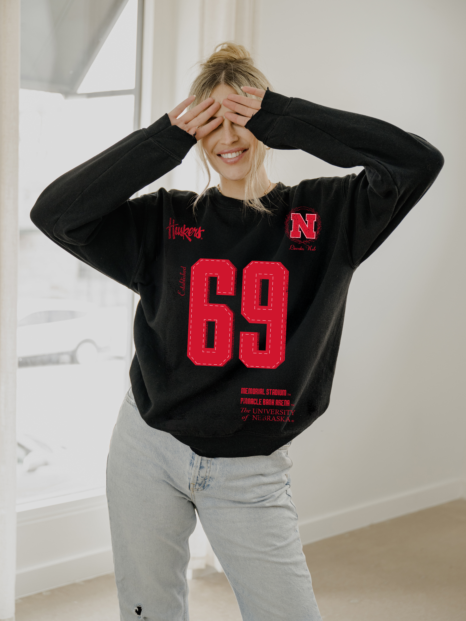 Nebraska Huskers Crest Stamp Black Thrifted Sweatshirt T-Shirts, Hoodie | PodTeesHub.com