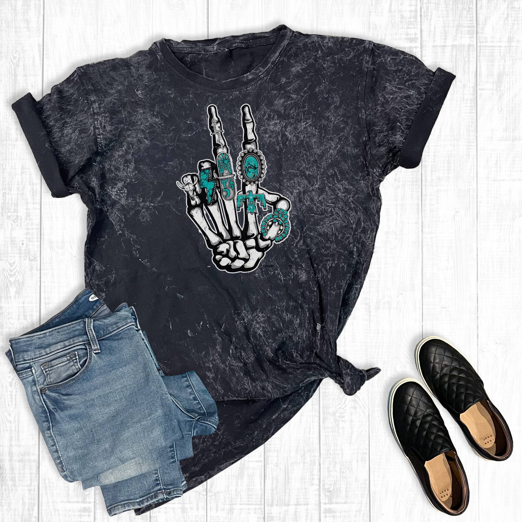Turquoise Western Skeleton Peace Mineral Wash Graphic Tee Hoodie, Sweatshirt | PodTeesHub.com